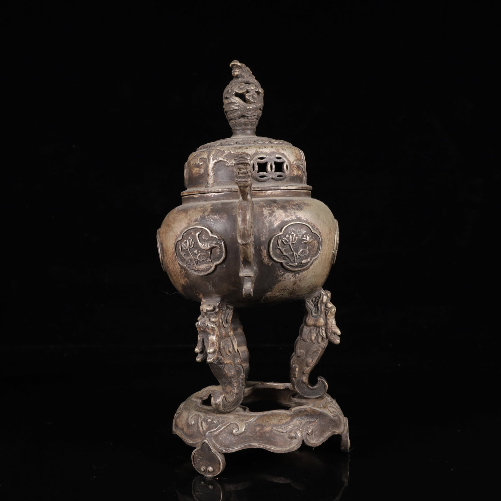 An Exquisite Silver-Plated Bronze Flower Pattern Dragon-Ears and Dragon Legs Censer - 8