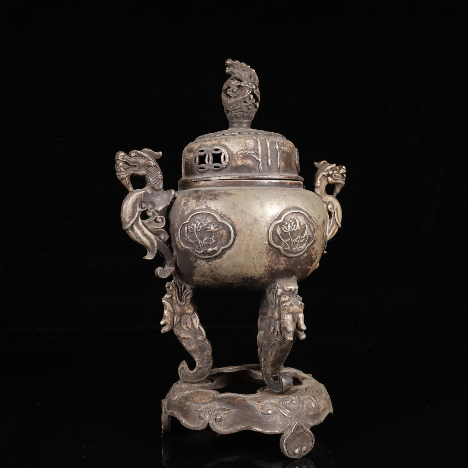 An Exquisite Silver-Plated Bronze Flower Pattern Dragon-Ears and Dragon Legs Censer - 9