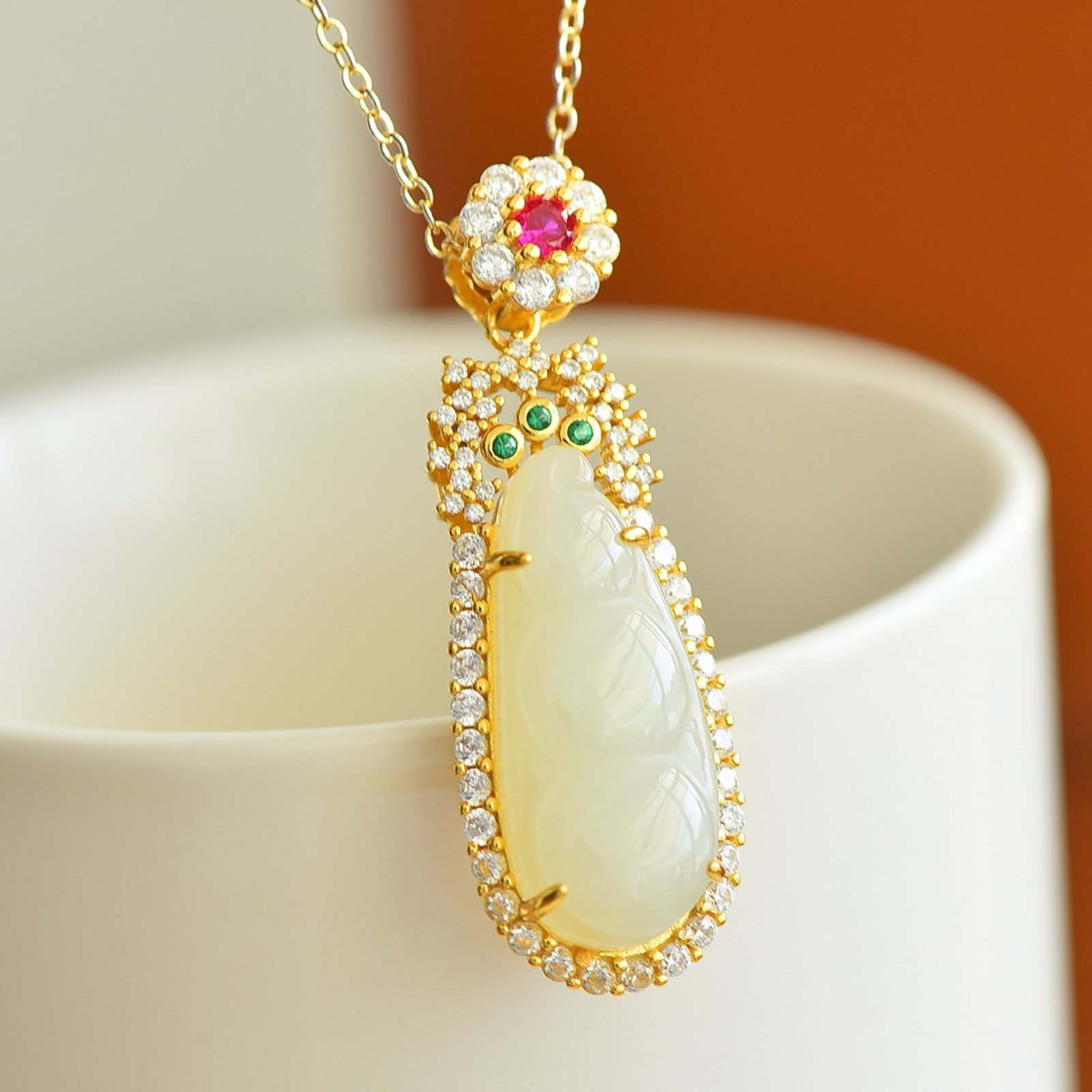 An Exquisite Sterling Silver-Gold Plated Inlaid White Jade Pendant - 2