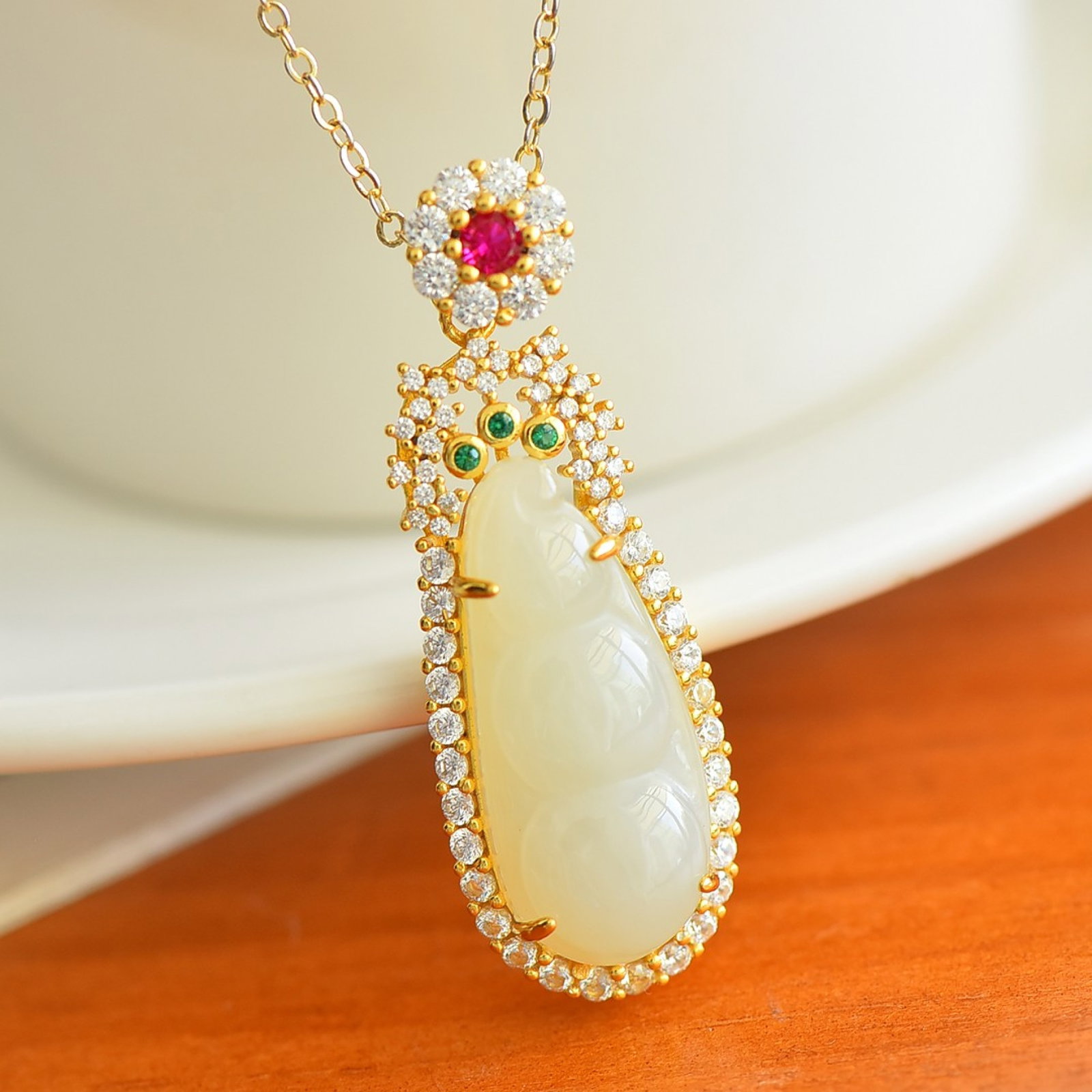 An Exquisite Sterling Silver-Gold Plated Inlaid White Jade Pendant - 3