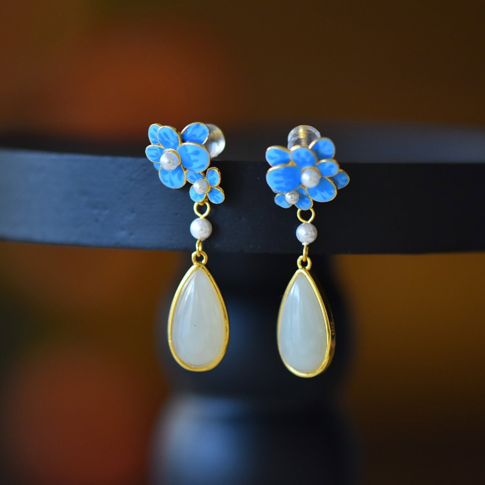 A Pair of Exquisite Sterling Silver-Gold Plated Inlaid White Jade Enamel Earrings - 2