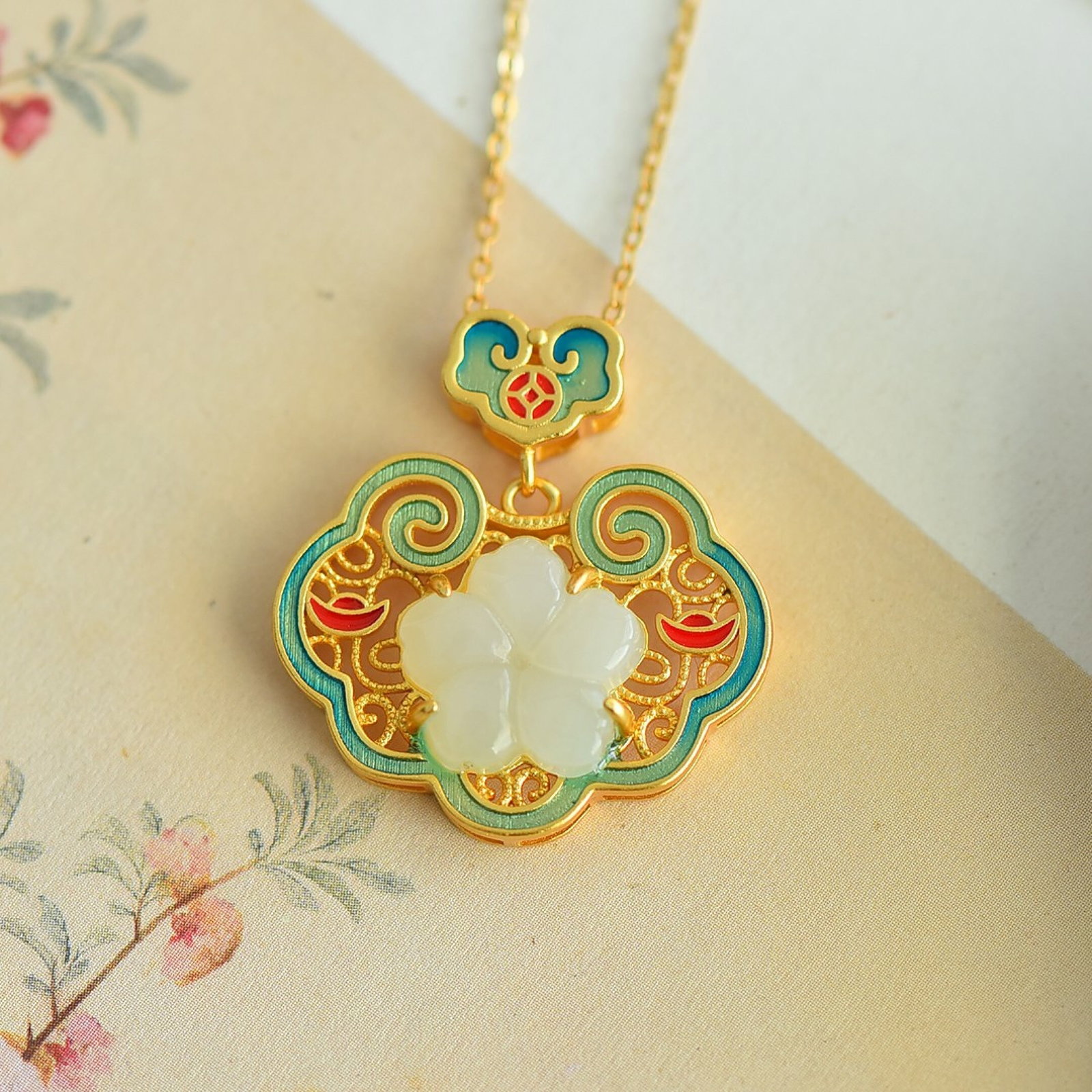 An Exquisite Sterling Silver-Gold Plated Inlaid White Jade Pendant - 2