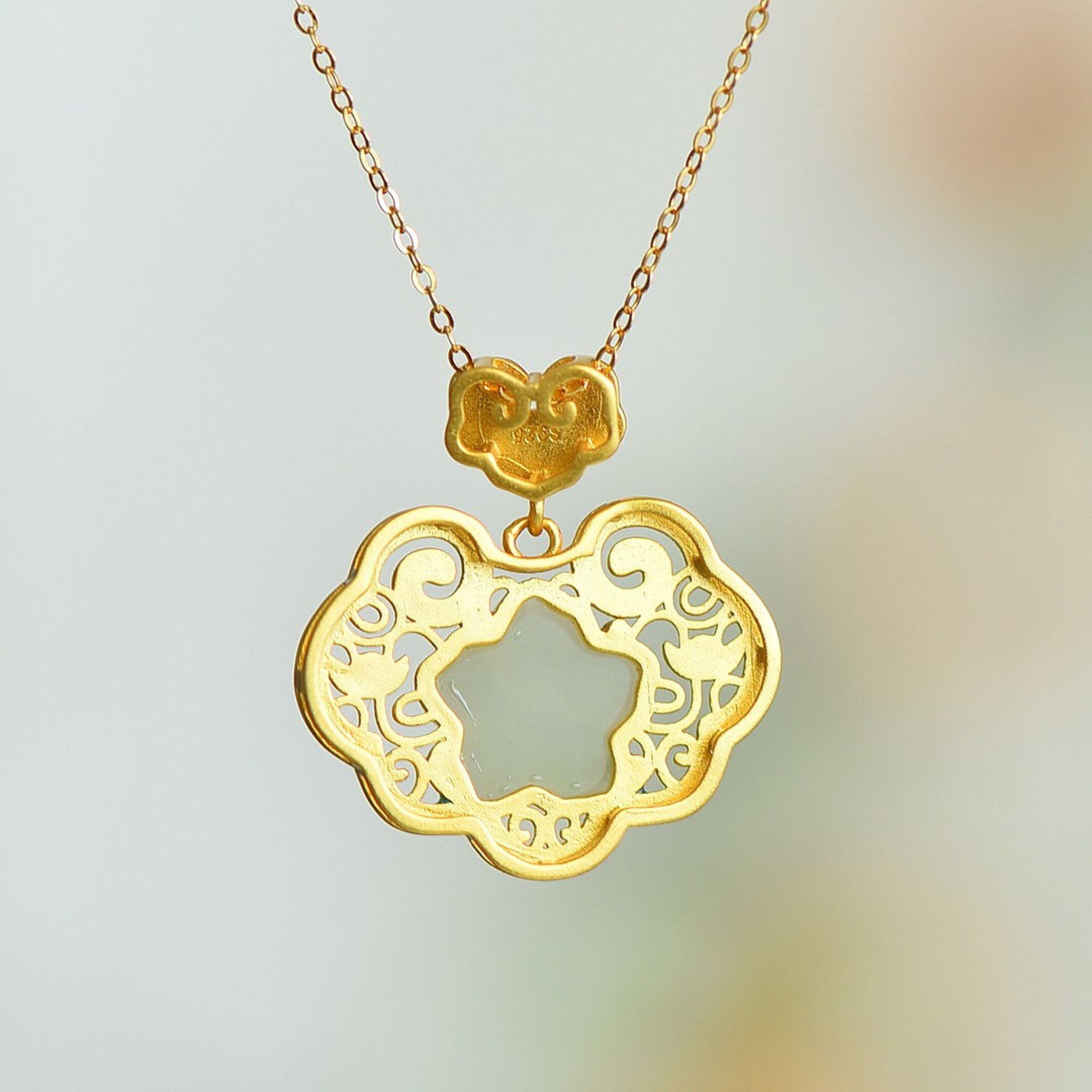 An Exquisite Sterling Silver-Gold Plated Inlaid White Jade Pendant - 3