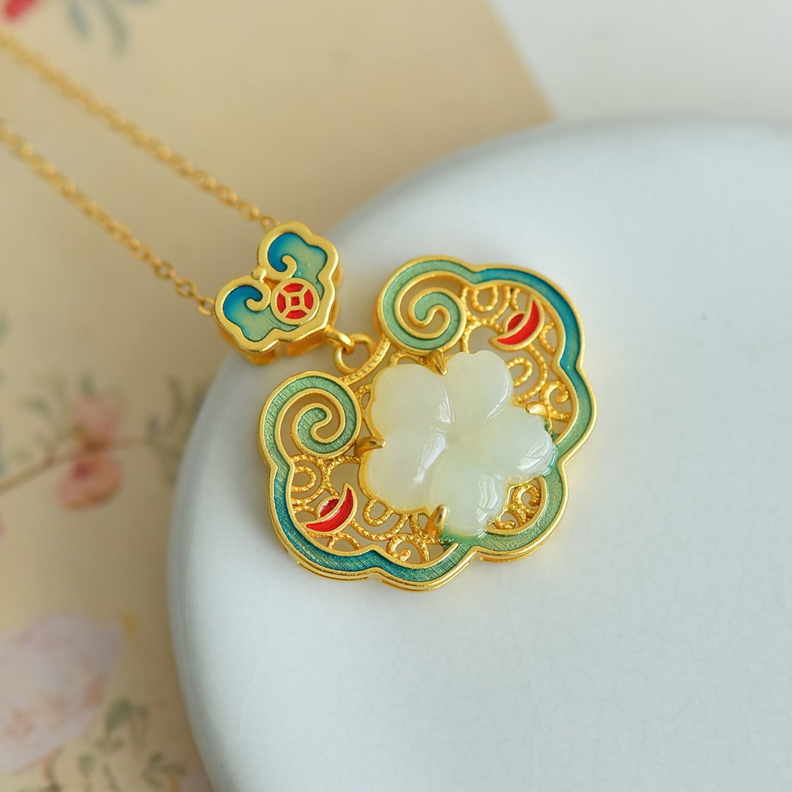 An Exquisite Sterling Silver-Gold Plated Inlaid White Jade Pendant - 4