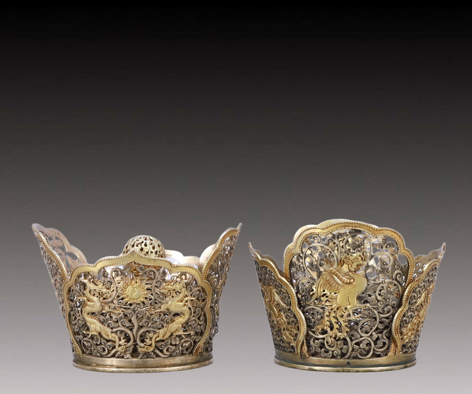 A Pair of Rare Gilt Silver Dragon and Phoenix Pattern Coronets - 2