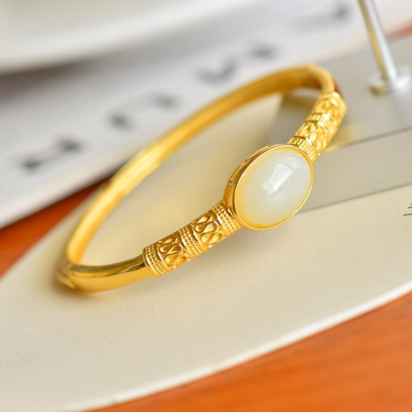 An Exquisite Sterling Silver-Gold Plated Inlaid White Jade Bracelet - 2