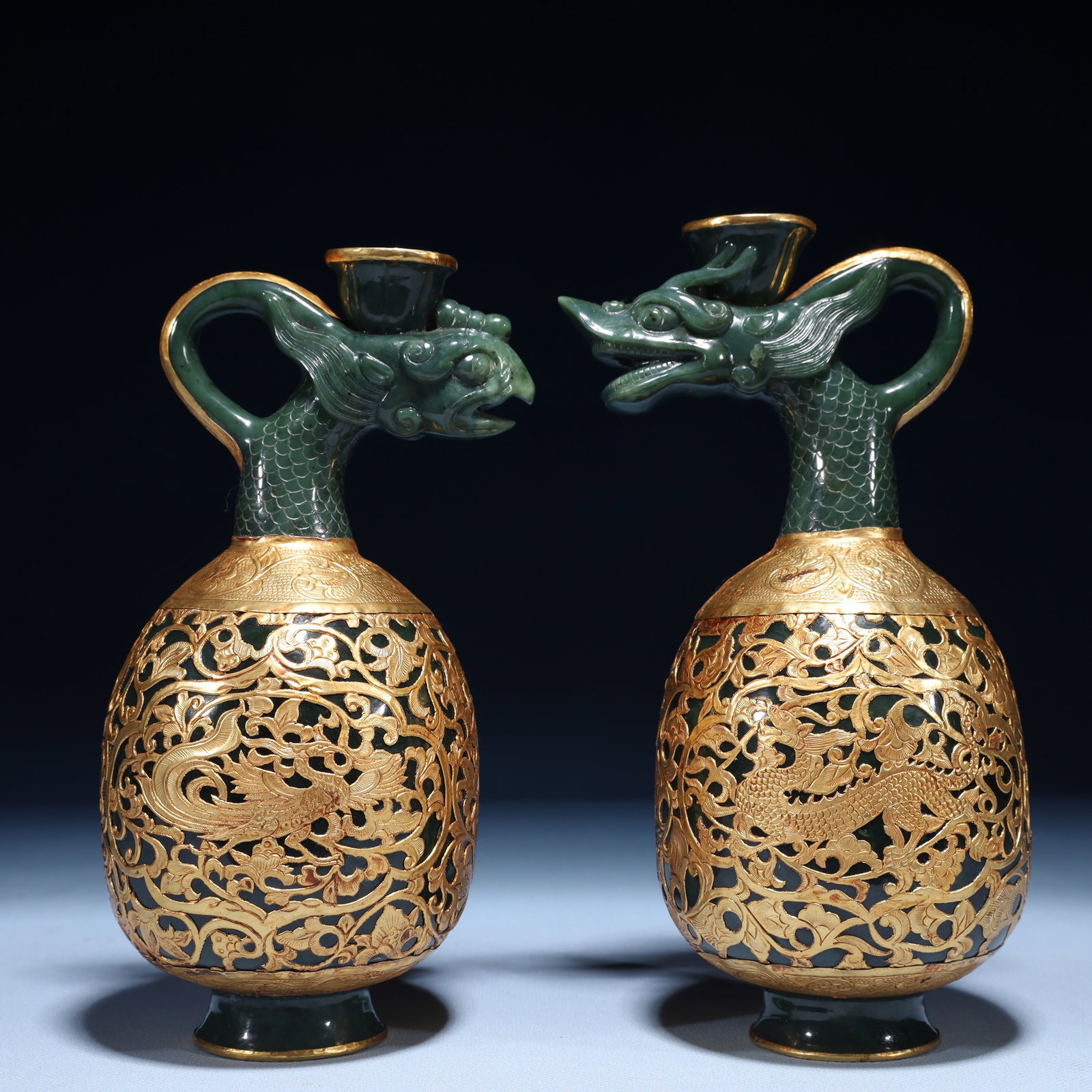 A Pair of Exquisite Jasper Cover with Gold Dragon and Phoenix Pattern Pots - 2