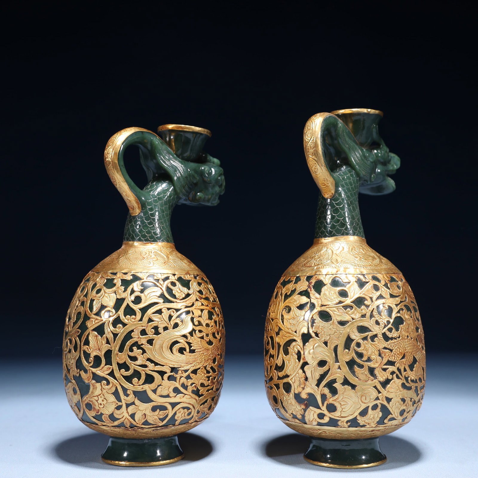 A Pair of Exquisite Jasper Cover with Gold Dragon and Phoenix Pattern Pots - 4