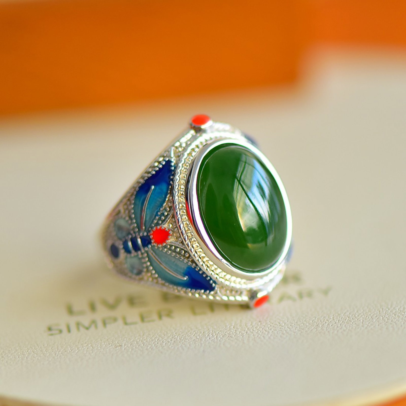 An Exquisite Sterling Silver-Gold Plated Inlaid Jasper Enamel Ring - 3