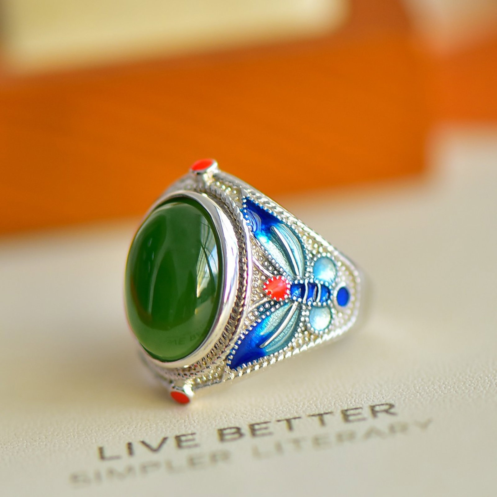 An Exquisite Sterling Silver-Gold Plated Inlaid Jasper Enamel Ring - 4