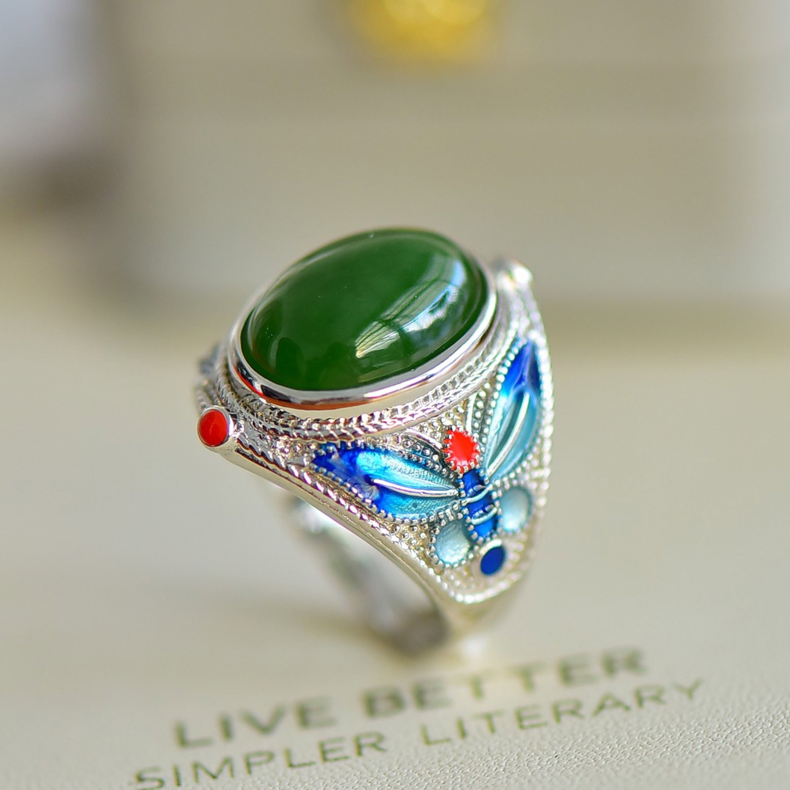 An Exquisite Sterling Silver-Gold Plated Inlaid Jasper Enamel Ring - 5