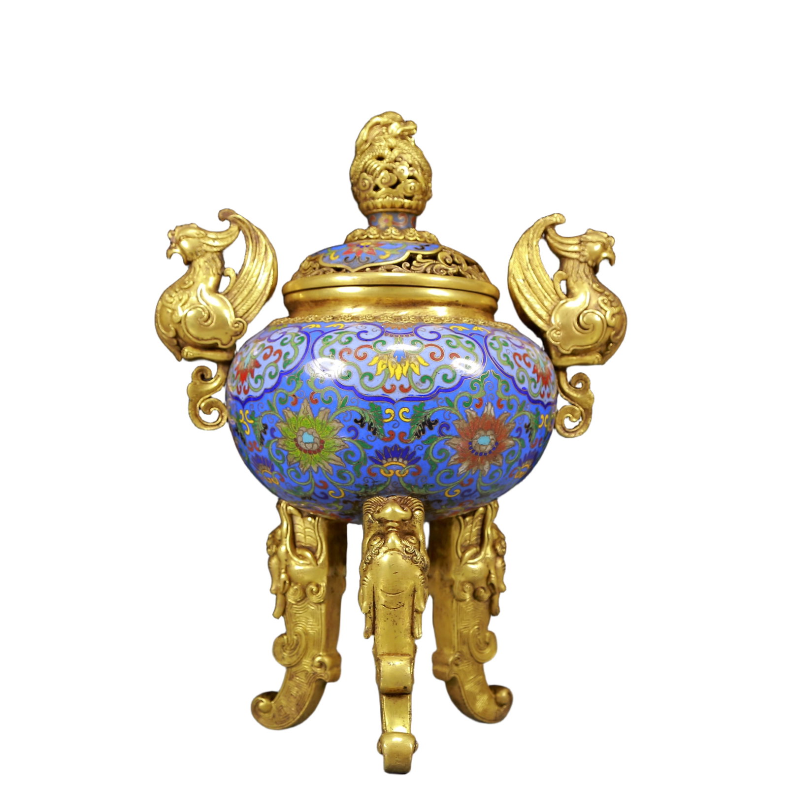A Rare Cloisonne Lotus Pattern Phoenix-Ears Tripod Censer - 9