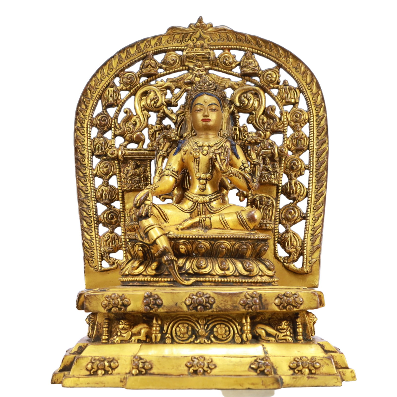 A Solemn Gilt Bronze Statue of Tara,With Inscription: Estimated Value:13000-26000 A Solemn Gilt Bronze Statue of Tara,With Inscription,Qing Dynasty, China,Size:8.3inx5.1inx11.8in,Weight:5300g