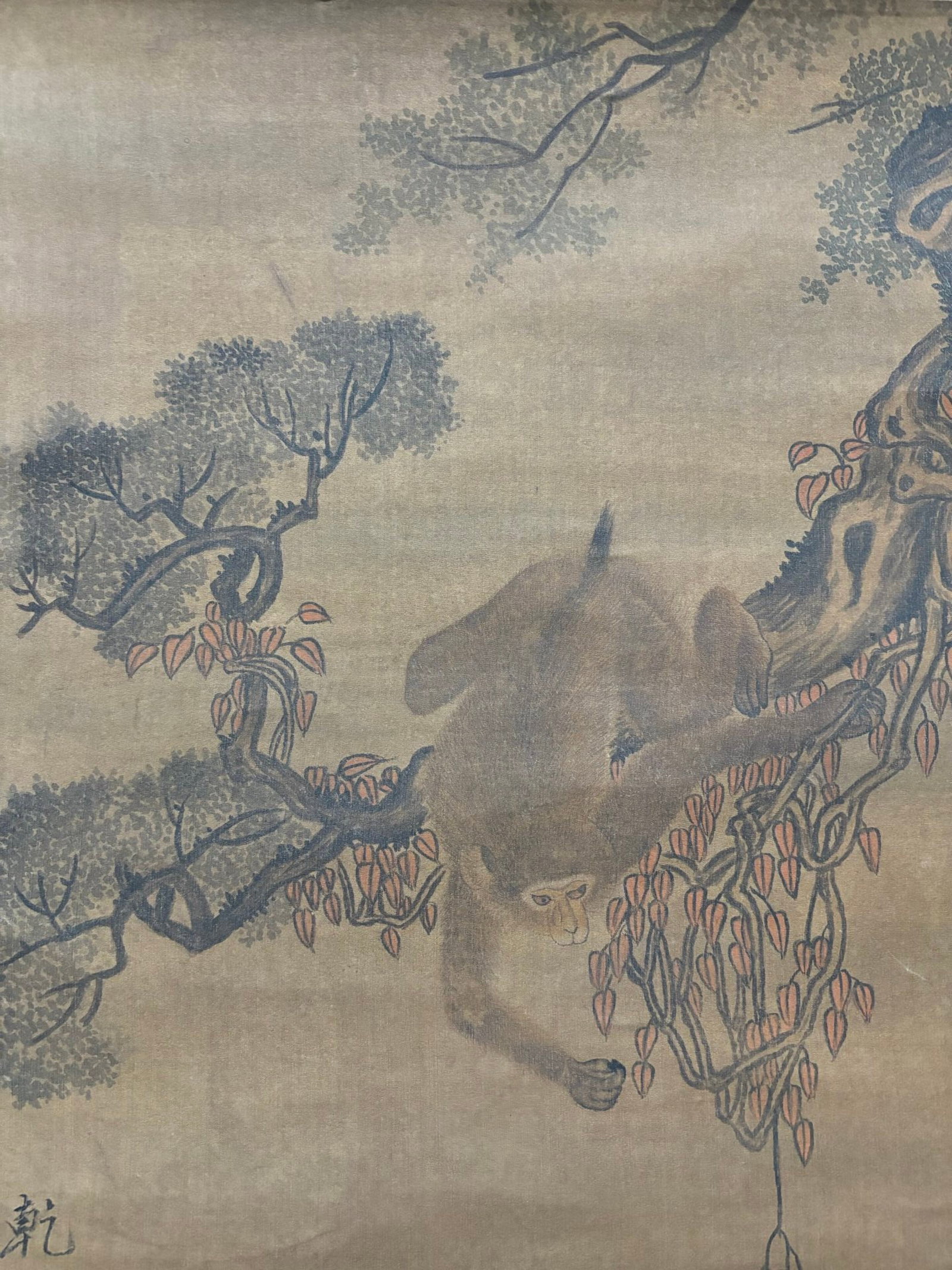 A Chinese Vertical Scroll Ink Painting of Monkey on Silk,Shen Quan - 4