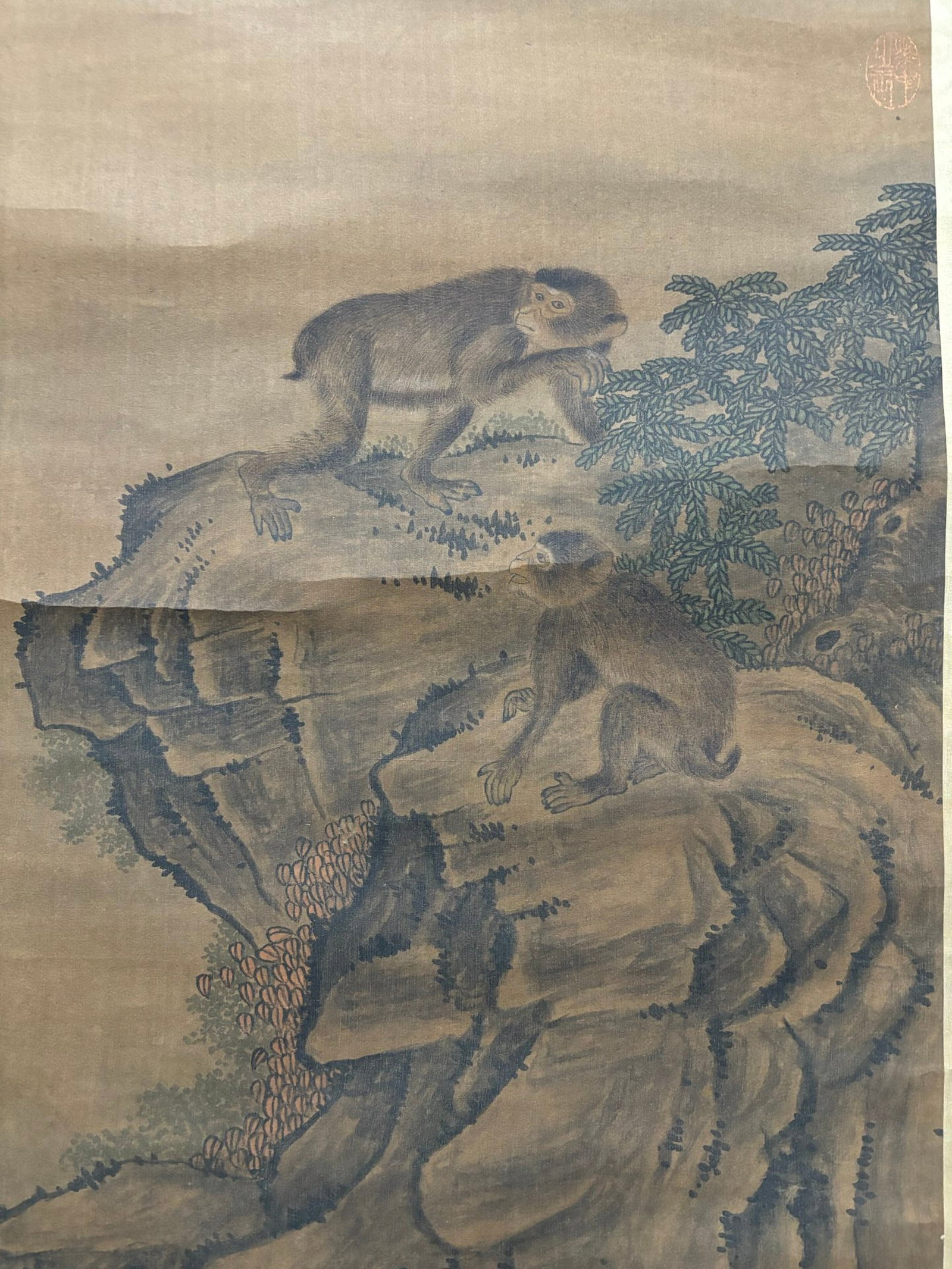 A Chinese Vertical Scroll Ink Painting of Monkey on Silk,Shen Quan - 5