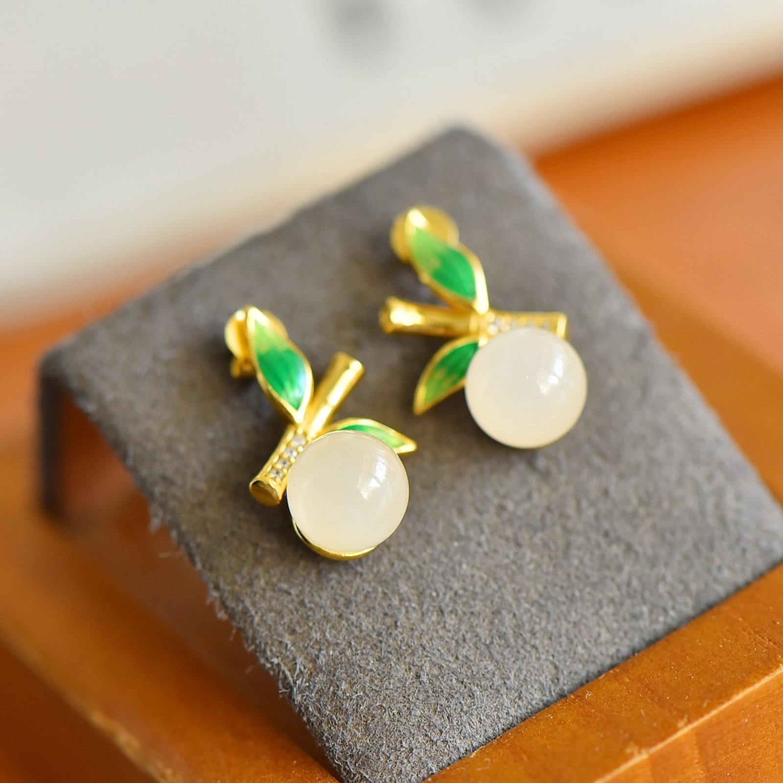A Pair of Exquisite Sterling Silver-Gold Plated Inlaid White Jade Enamel Earrings,Inlaid Diamonds - 2