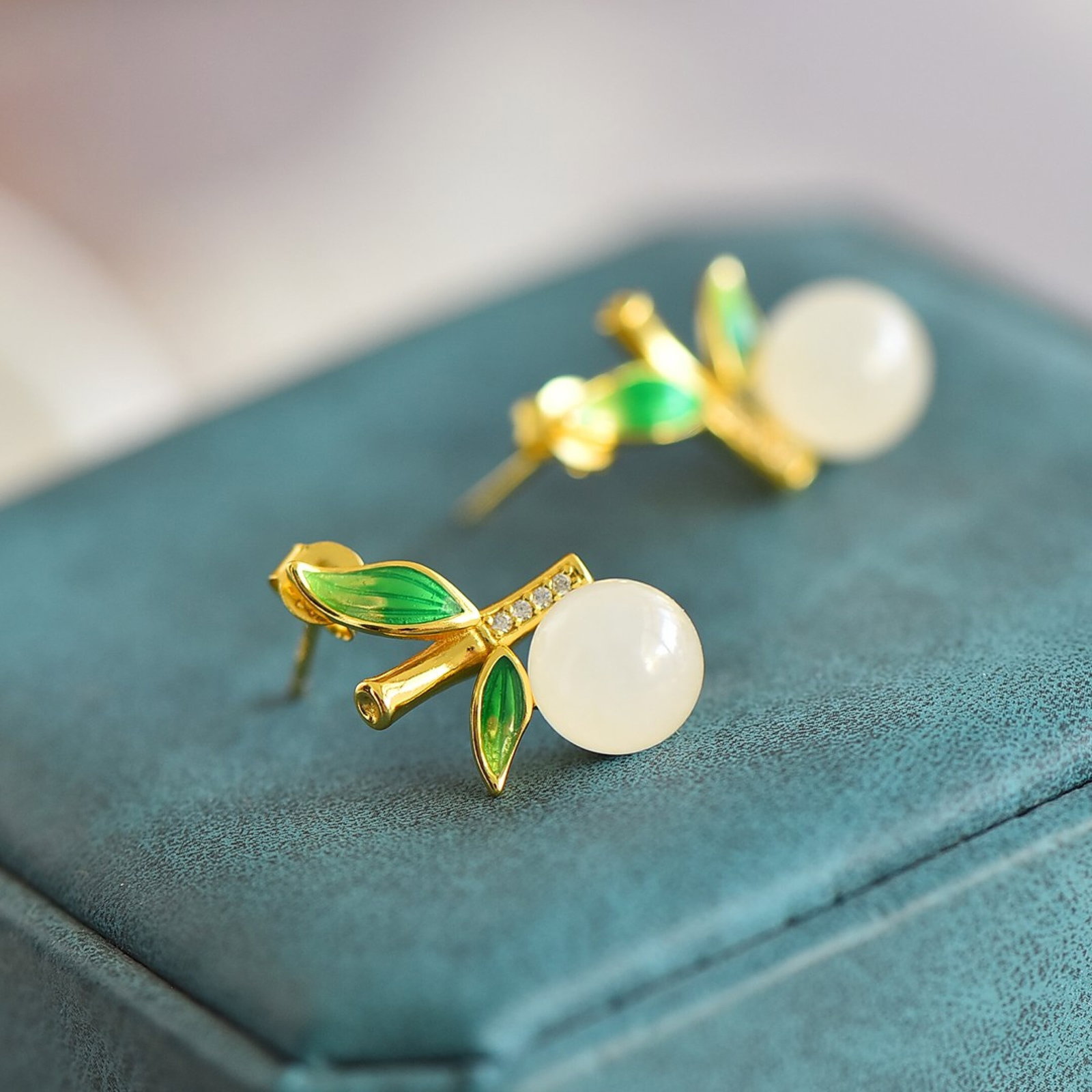 A Pair of Exquisite Sterling Silver-Gold Plated Inlaid White Jade Enamel Earrings,Inlaid Diamonds - 3
