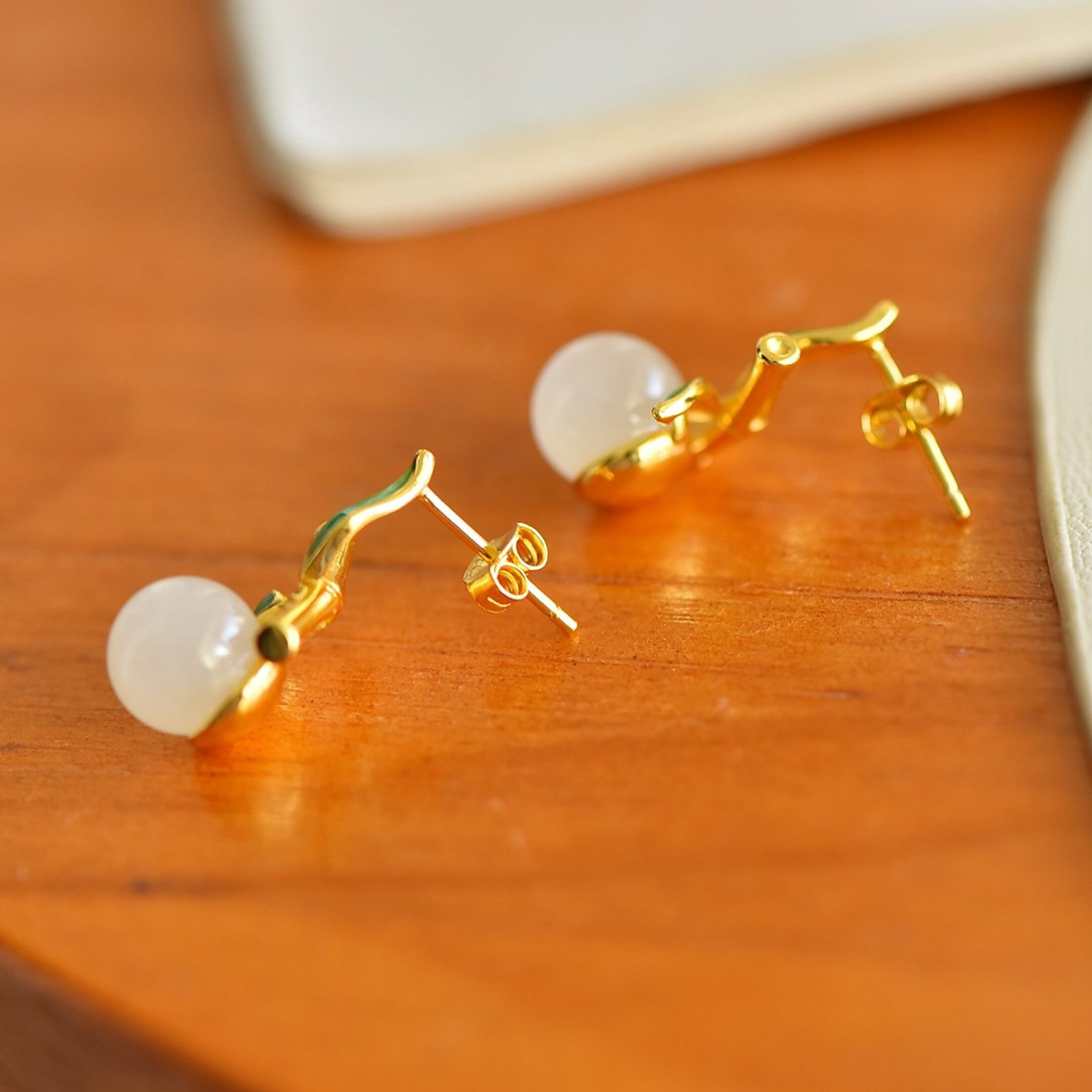 A Pair of Exquisite Sterling Silver-Gold Plated Inlaid White Jade Enamel Earrings,Inlaid Diamonds - 4