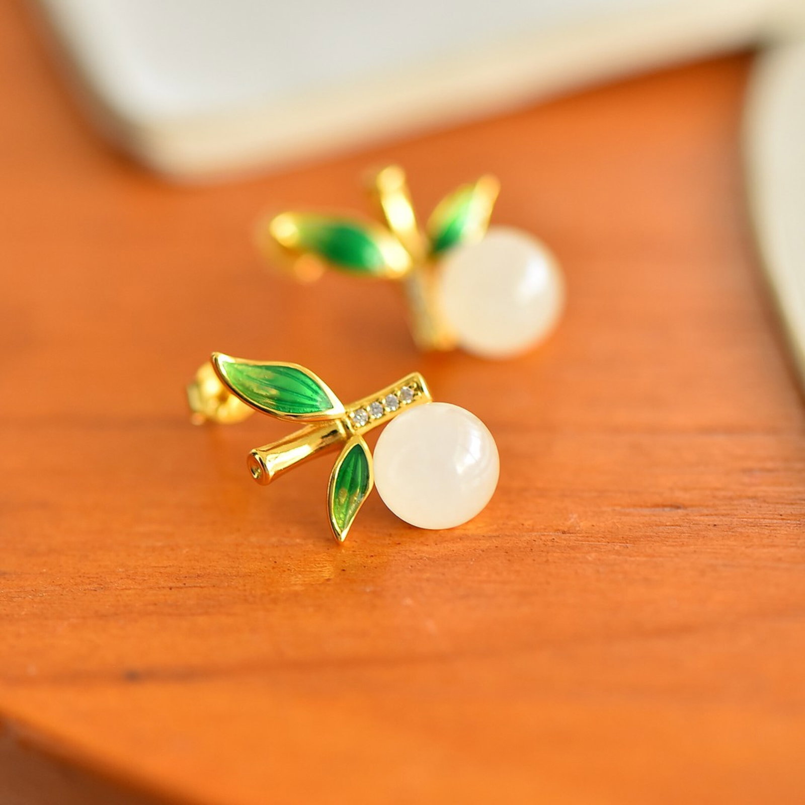 A Pair of Exquisite Sterling Silver-Gold Plated Inlaid White Jade Enamel Earrings,Inlaid Diamonds - 5