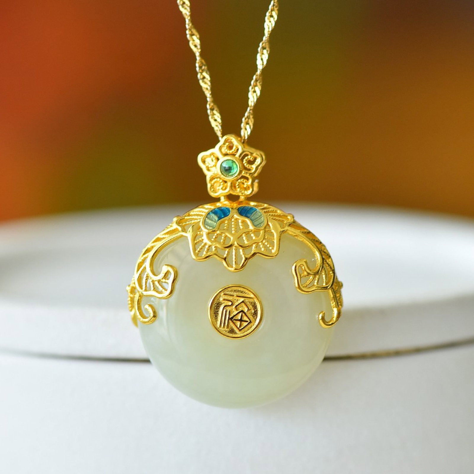 An Exquisite Sterling Silver-Gold Plated Inlaid White Jade Pendant - 2