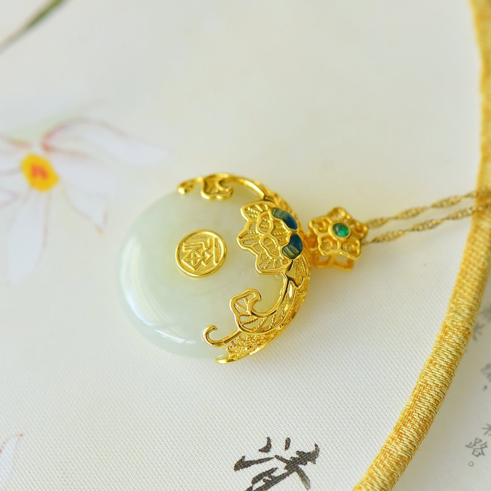 An Exquisite Sterling Silver-Gold Plated Inlaid White Jade Pendant - 4