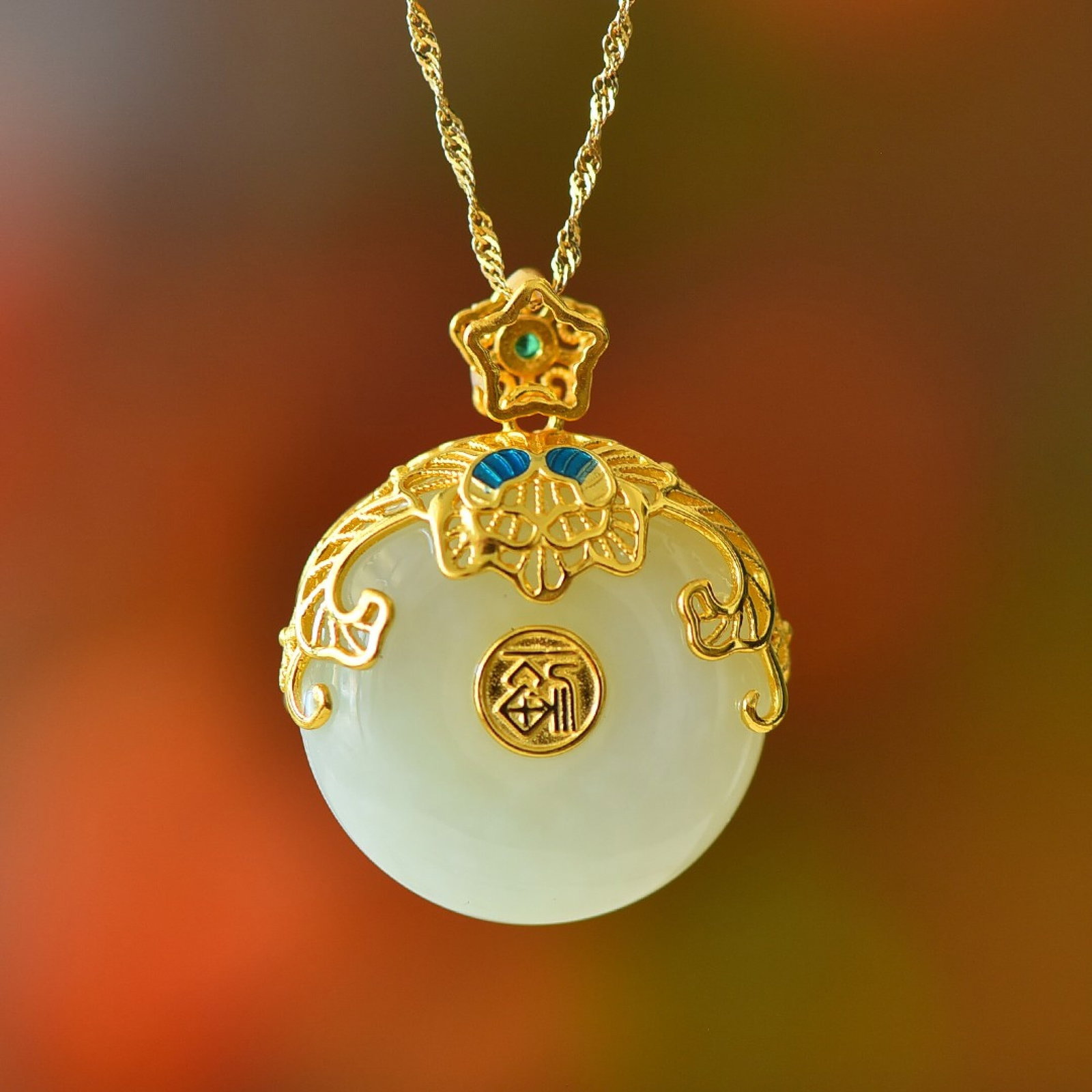 An Exquisite Sterling Silver-Gold Plated Inlaid White Jade Pendant - 5