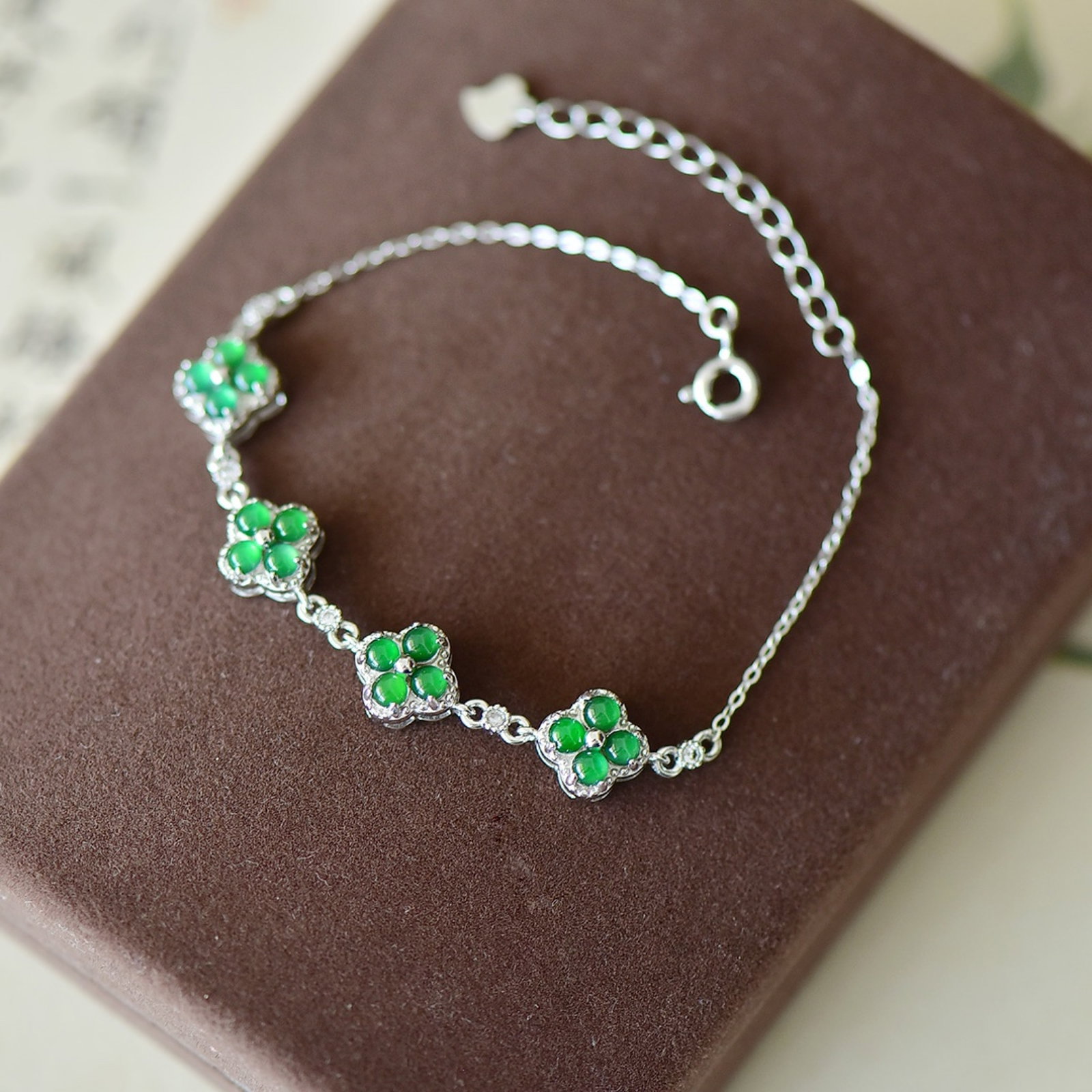 An Exquisite Sterling Silver Inlaid Jadeite Bracelets,Inlaid Diamond - 4