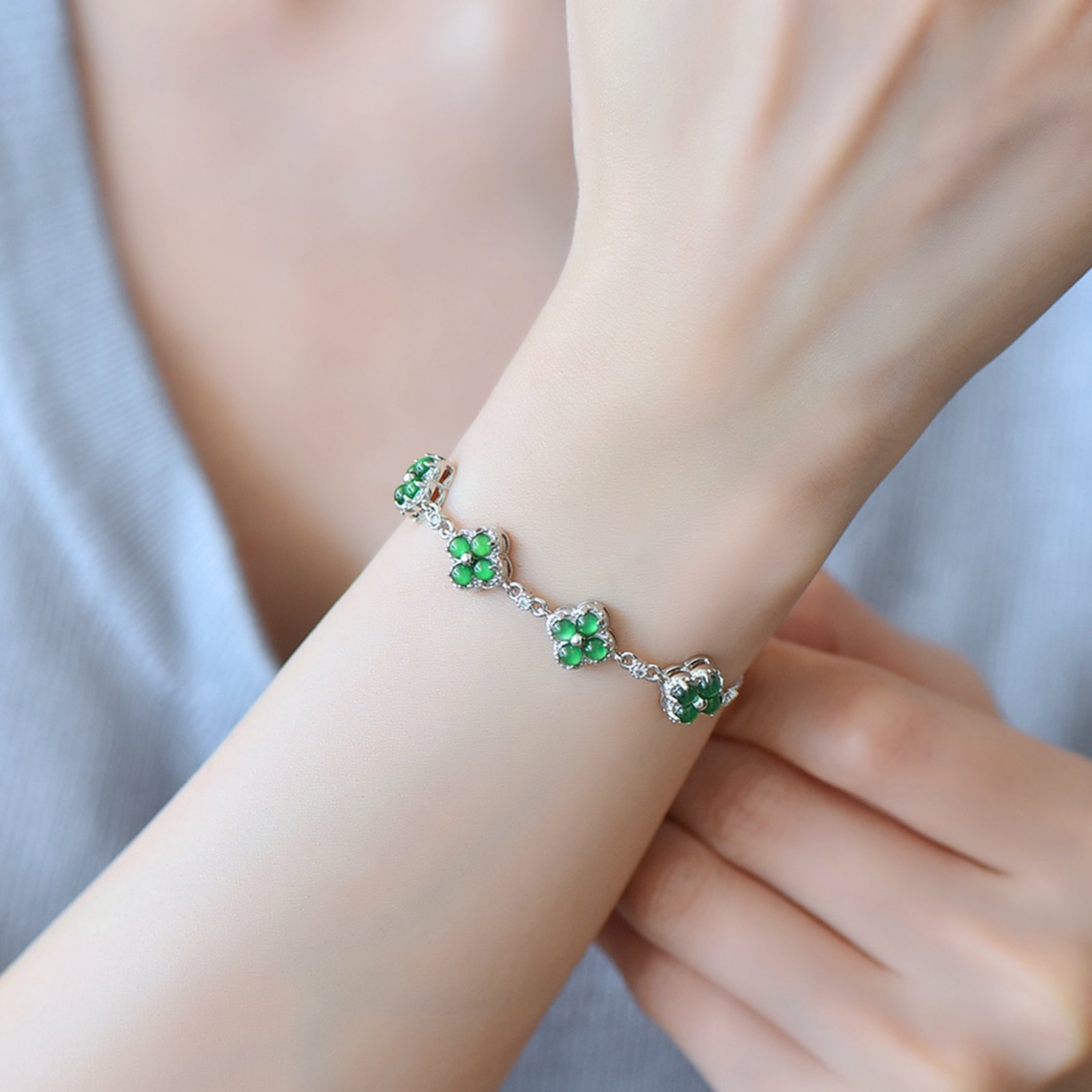 An Exquisite Sterling Silver Inlaid Jadeite Bracelets,Inlaid Diamond - 5