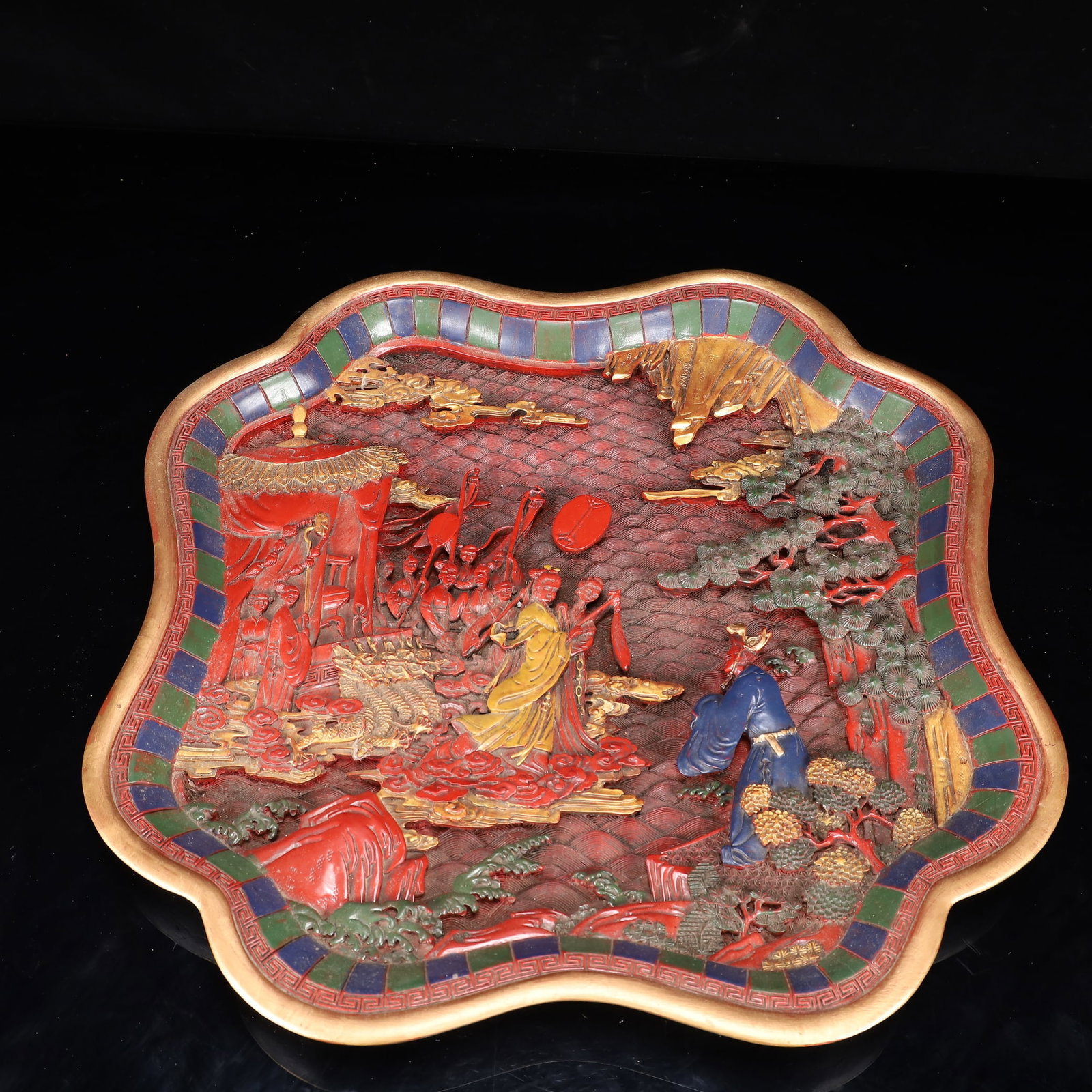 A Rare Carved Red Lacquer Painted Color Figure Pattern Plate: Estimated Value:2400-4800 A Rare Carved Red Lacquer Painted Color Figure Pattern Plate,Qing Dynasty, China,With an Imperial Poem by Emperor Qianlong,Size:15inx1.6in,Weight:3300g