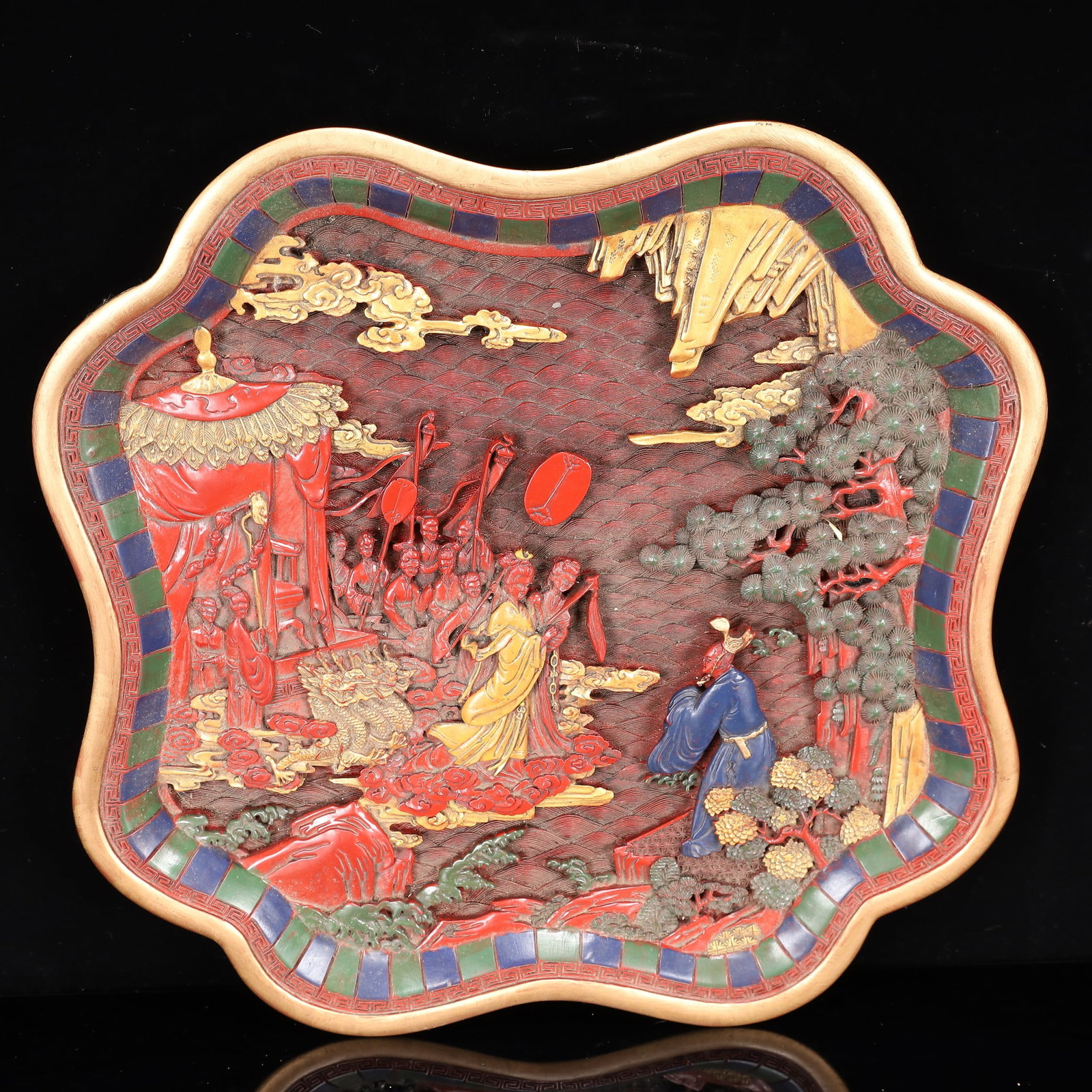 A Rare Carved Red Lacquer Painted Color Figure Pattern Plate - 3