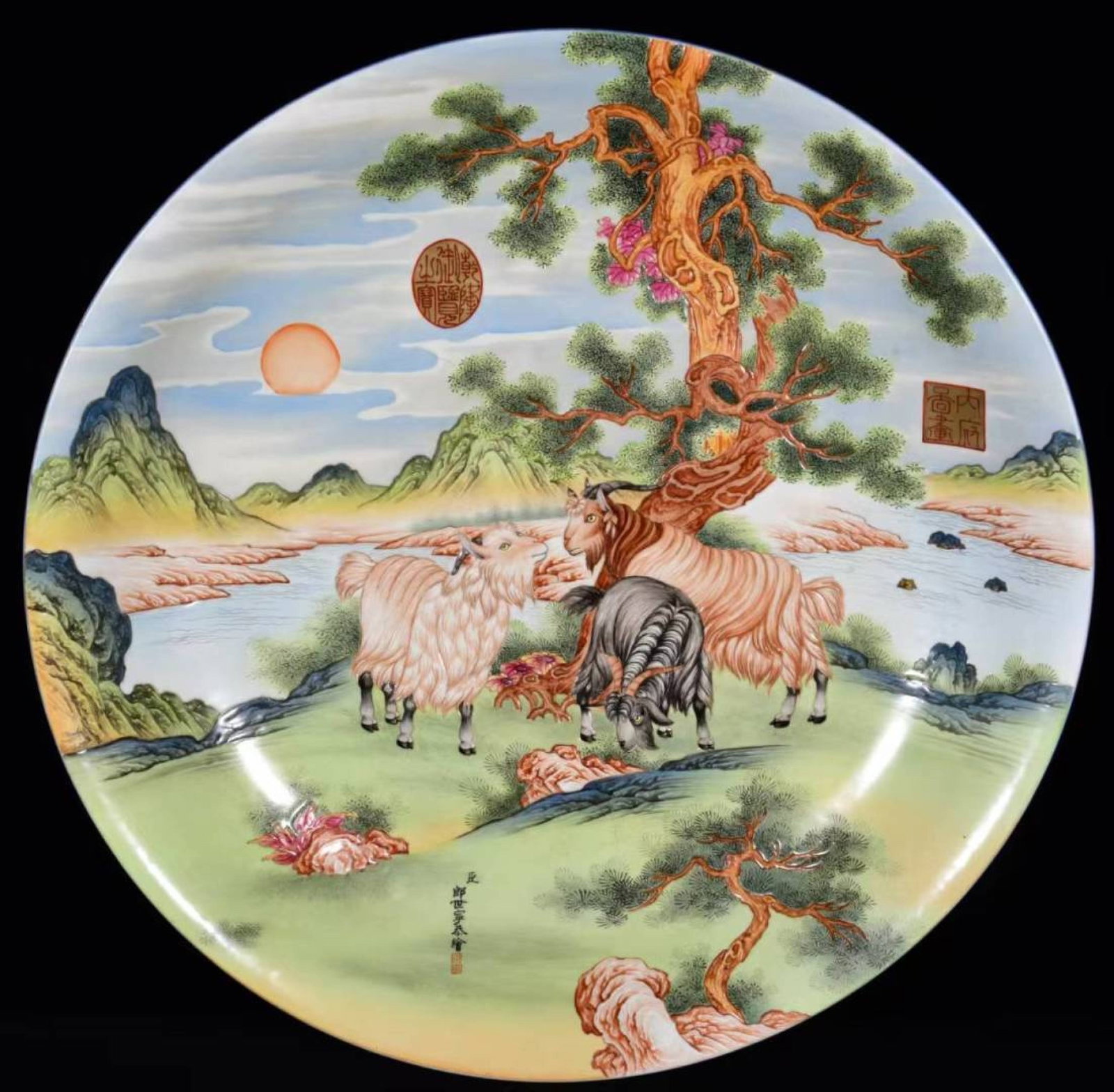 A Huge Enamel Landscape and Sheep Pattern Plate - 2
