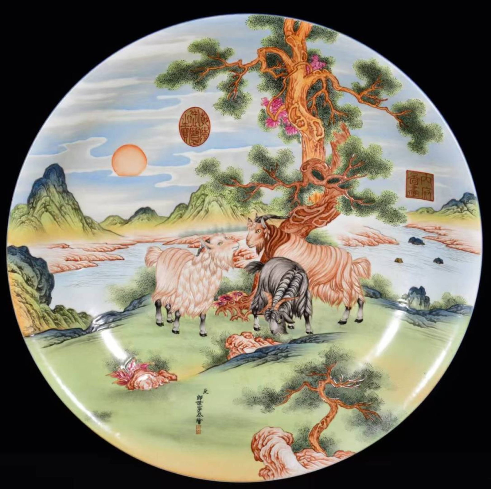 A Huge Enamel Landscape and Sheep Pattern Plate - 3