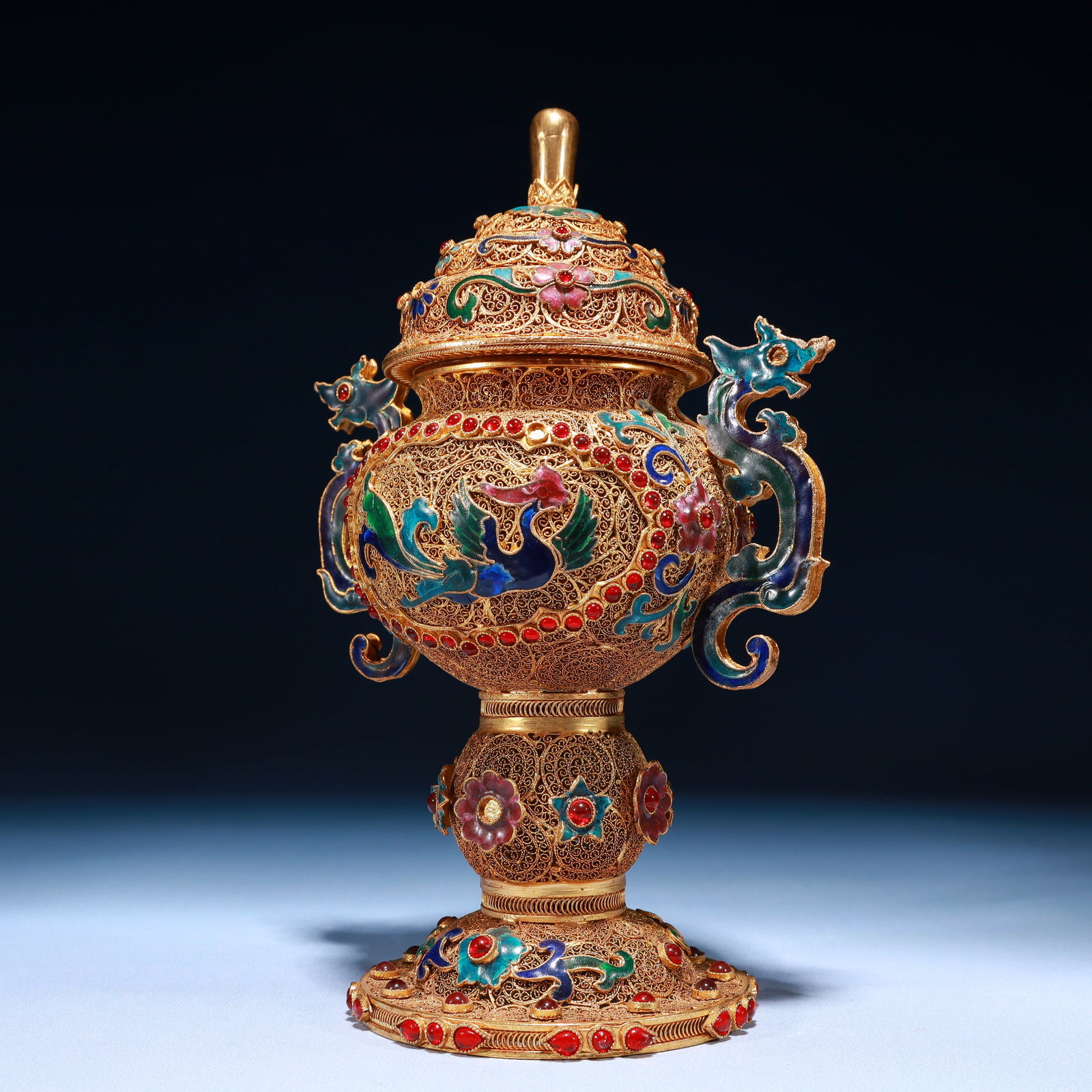 An Exquisite Filigree and Gilding Lotus and Phoenix Pattern Double-Ears Jar with Cover,Inlaid Gems - 2