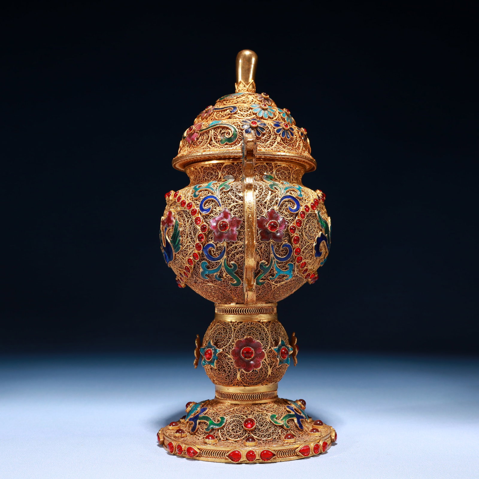 An Exquisite Filigree and Gilding Lotus and Phoenix Pattern Double-Ears Jar with Cover,Inlaid Gems - 3