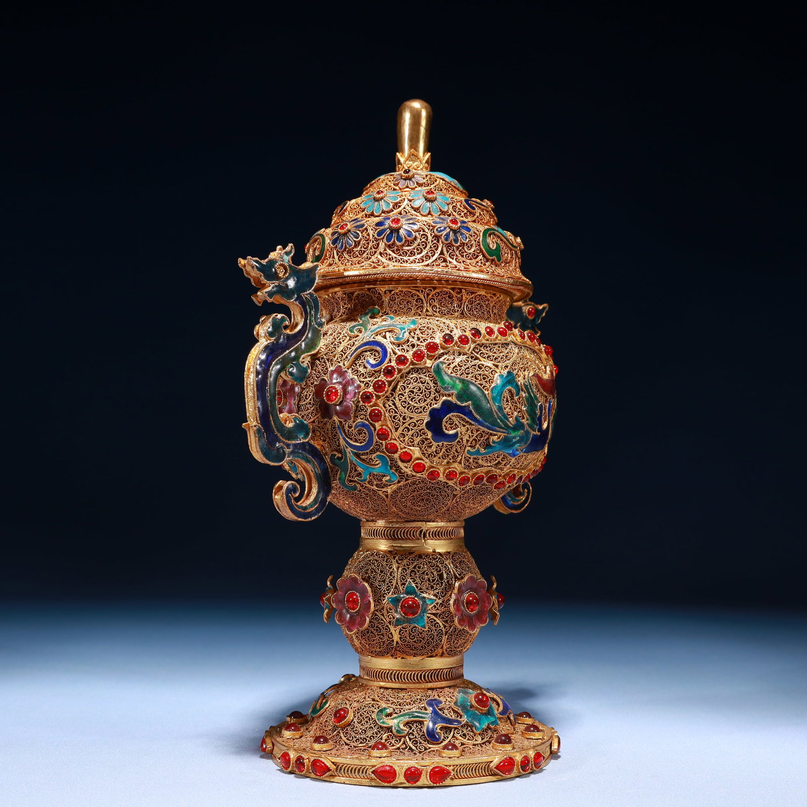 An Exquisite Filigree and Gilding Lotus and Phoenix Pattern Double-Ears Jar with Cover,Inlaid Gems - 4