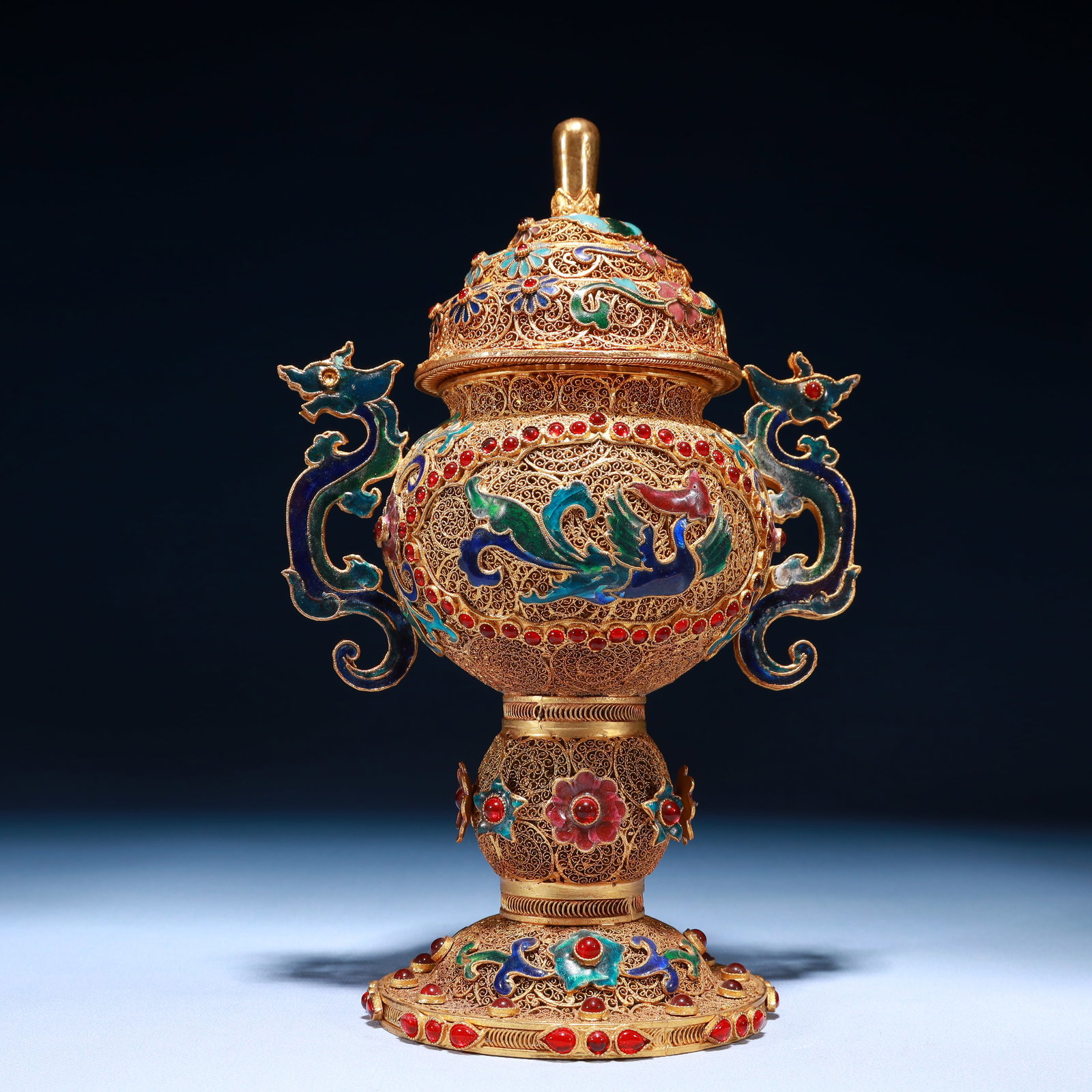 An Exquisite Filigree and Gilding Lotus and Phoenix Pattern Double-Ears Jar with Cover,Inlaid Gems - 5