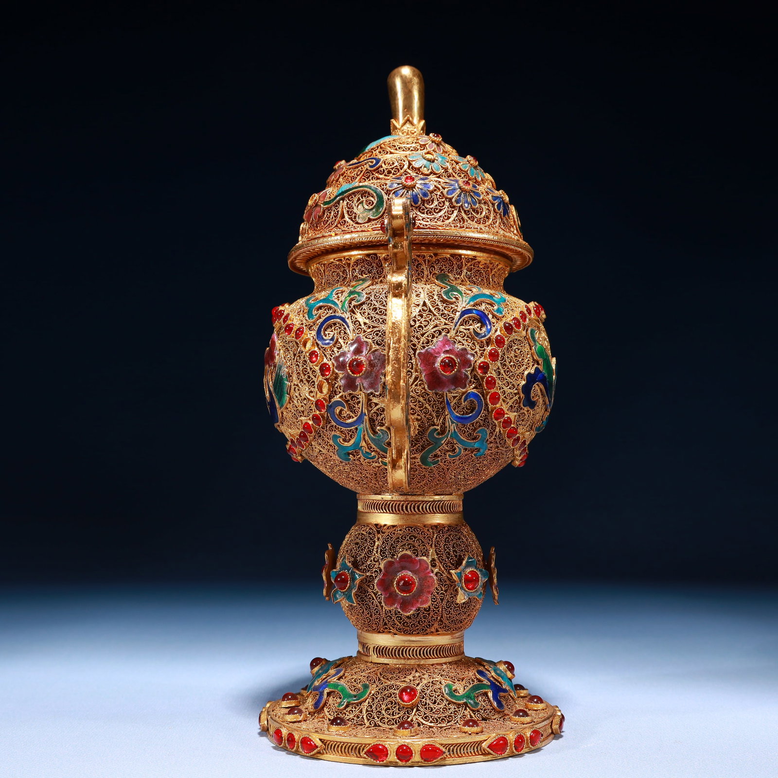 An Exquisite Filigree and Gilding Lotus and Phoenix Pattern Double-Ears Jar with Cover,Inlaid Gems - 6