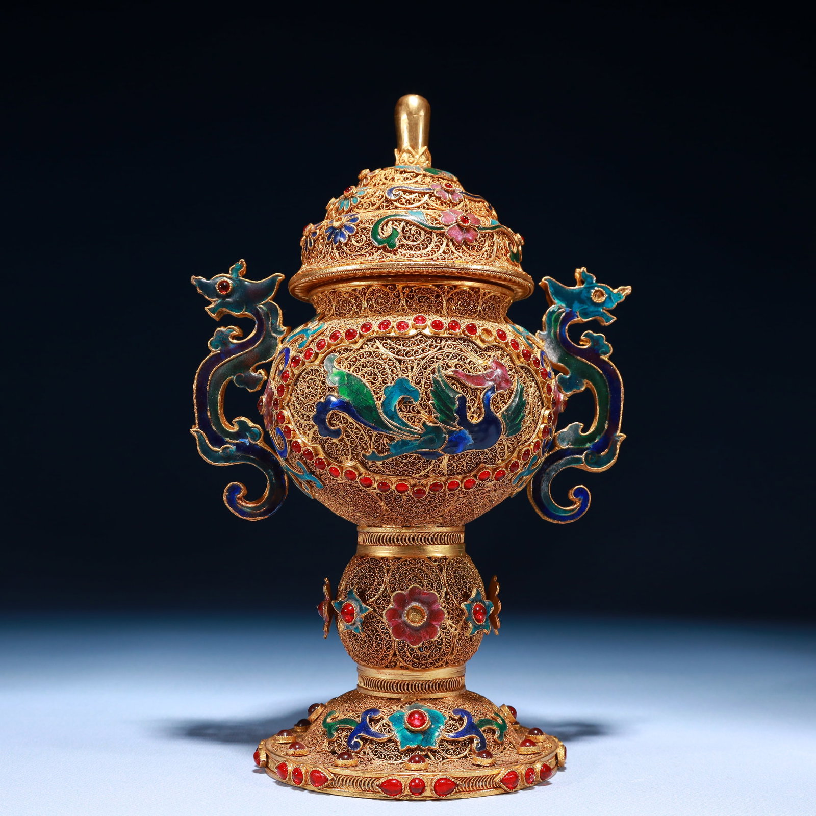 An Exquisite Filigree and Gilding Lotus and Phoenix Pattern Double-Ears Jar with Cover,Inlaid Gems - 7