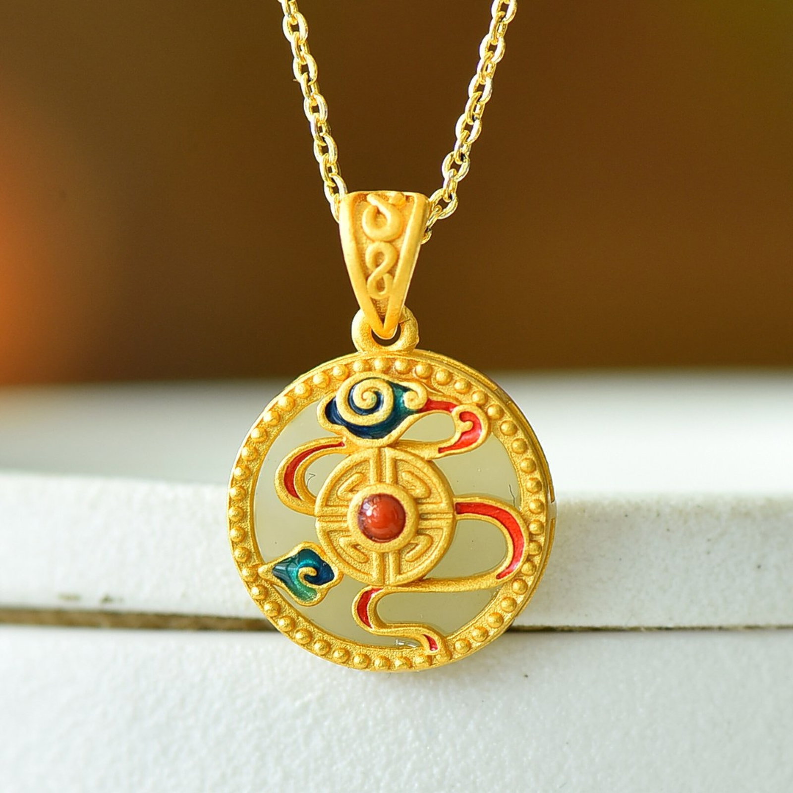 An Exquisite Sterling Silver-Gold Plated Inlaid White Jade Pendant - 2