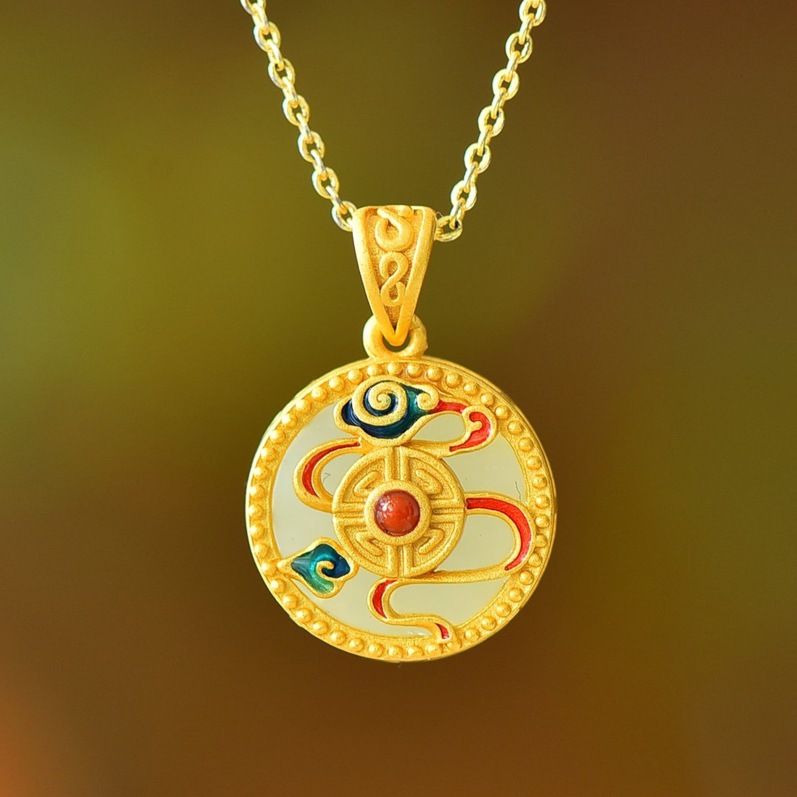 An Exquisite Sterling Silver-Gold Plated Inlaid White Jade Pendant - 3