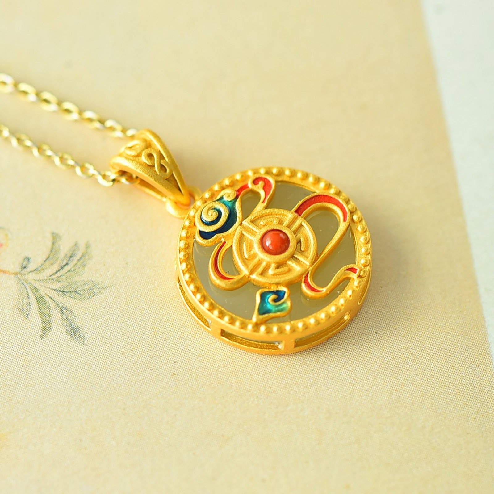 An Exquisite Sterling Silver-Gold Plated Inlaid White Jade Pendant - 4