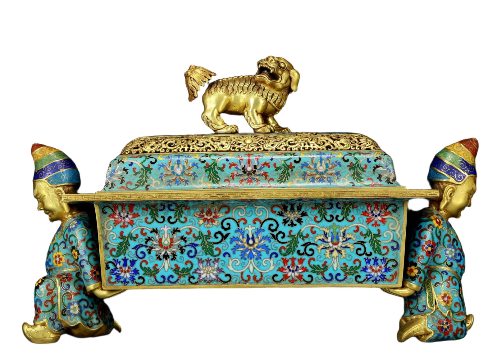A Precious Cloisonne 'Scrolling Lotus& Figure' Censer: Estimated Value:22000-44000 A Precious Cloisonne 'Scrolling Lotus& Figure' Censer. Topknot is surmounted by a mythical beast, body enameled with polychrome patterns, all reserved on a bright