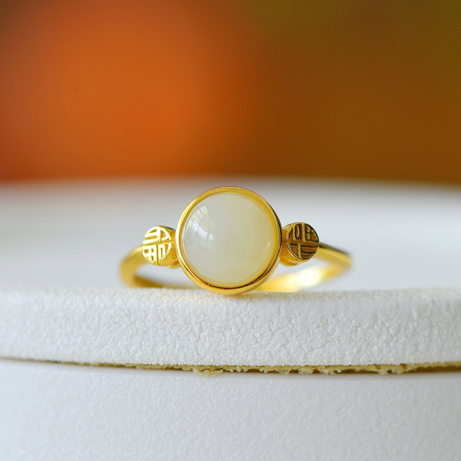 An Exquisite Sterling Silver-Gold Plated Inlaid White Jade Ring - 2