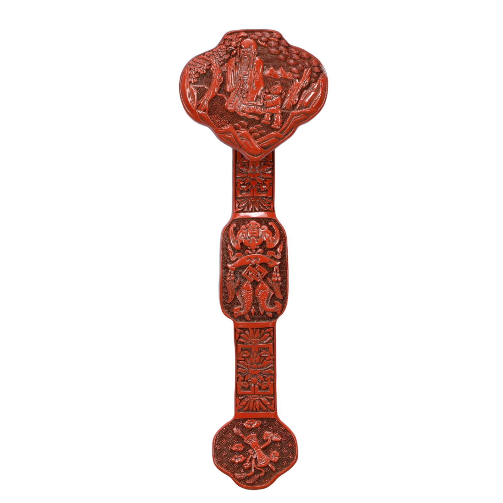 A Rare Carved Red Lacquer Figure Pattern Ruyi: Estimated Value:1800-3600 A Rare Carved Red Lacquer Figure Pattern Ruyi,Qing Dynasty, China,Size:4.3inx13.4inx2.8in,Weight:400g 剔红漆器人物纹如意