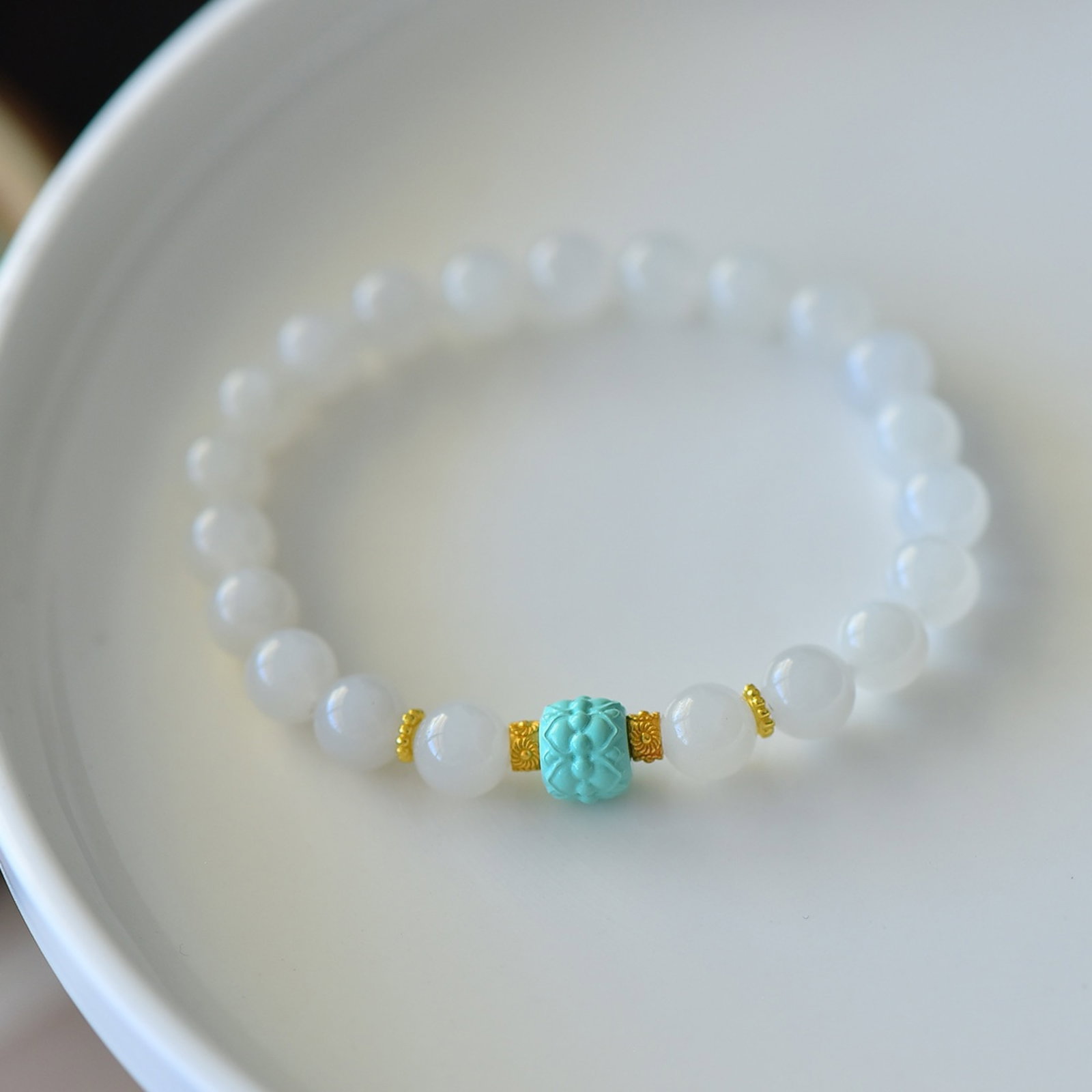 An Exquisite Sterling Silver-Gold Plated Inlaid White Jade Bracelet,Inlaid Turquoise - 3