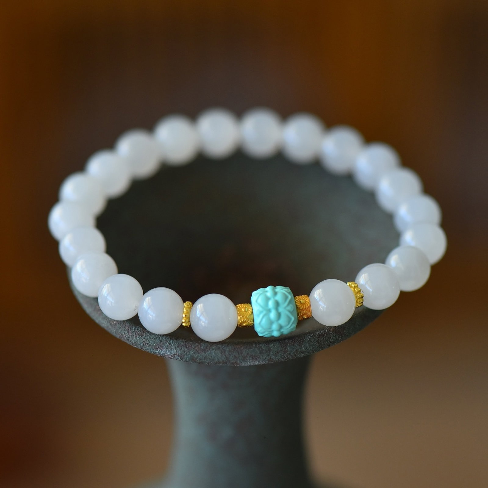 An Exquisite Sterling Silver-Gold Plated Inlaid White Jade Bracelet,Inlaid Turquoise - 4