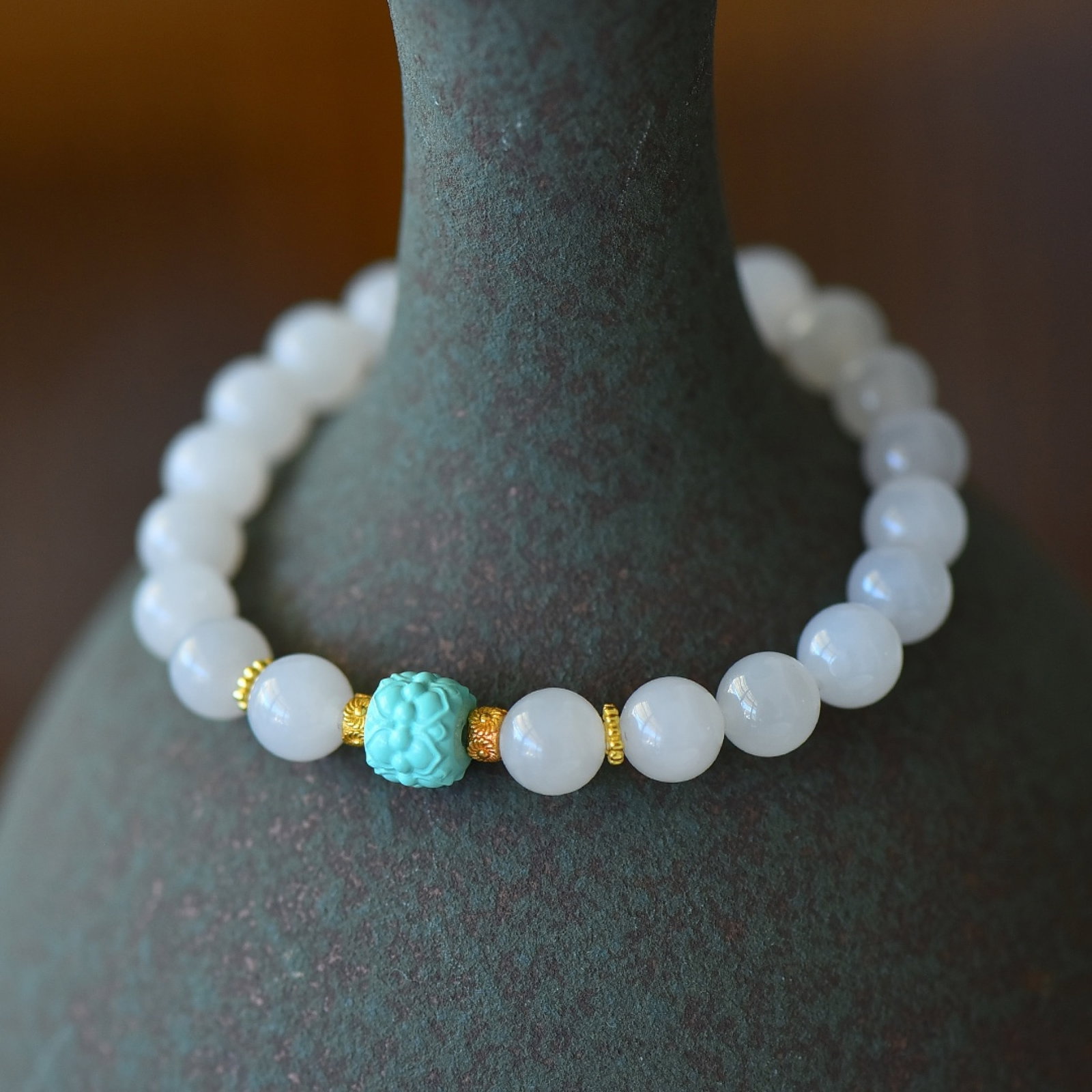 An Exquisite Sterling Silver-Gold Plated Inlaid White Jade Bracelet,Inlaid Turquoise - 5