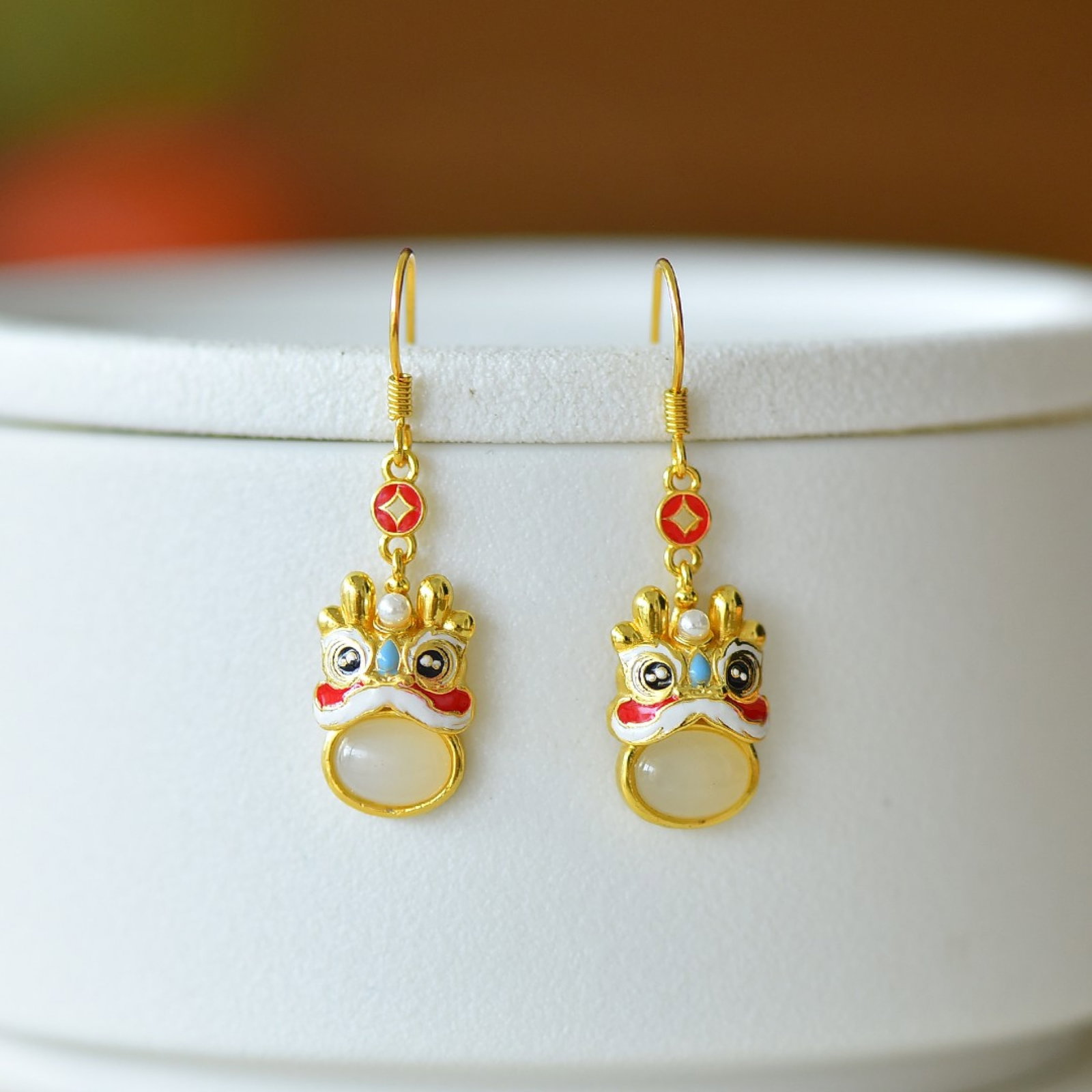 A Pair of Exquisite Sterling Silver-Gold Plated Inlaid White Jade Earrings - 2
