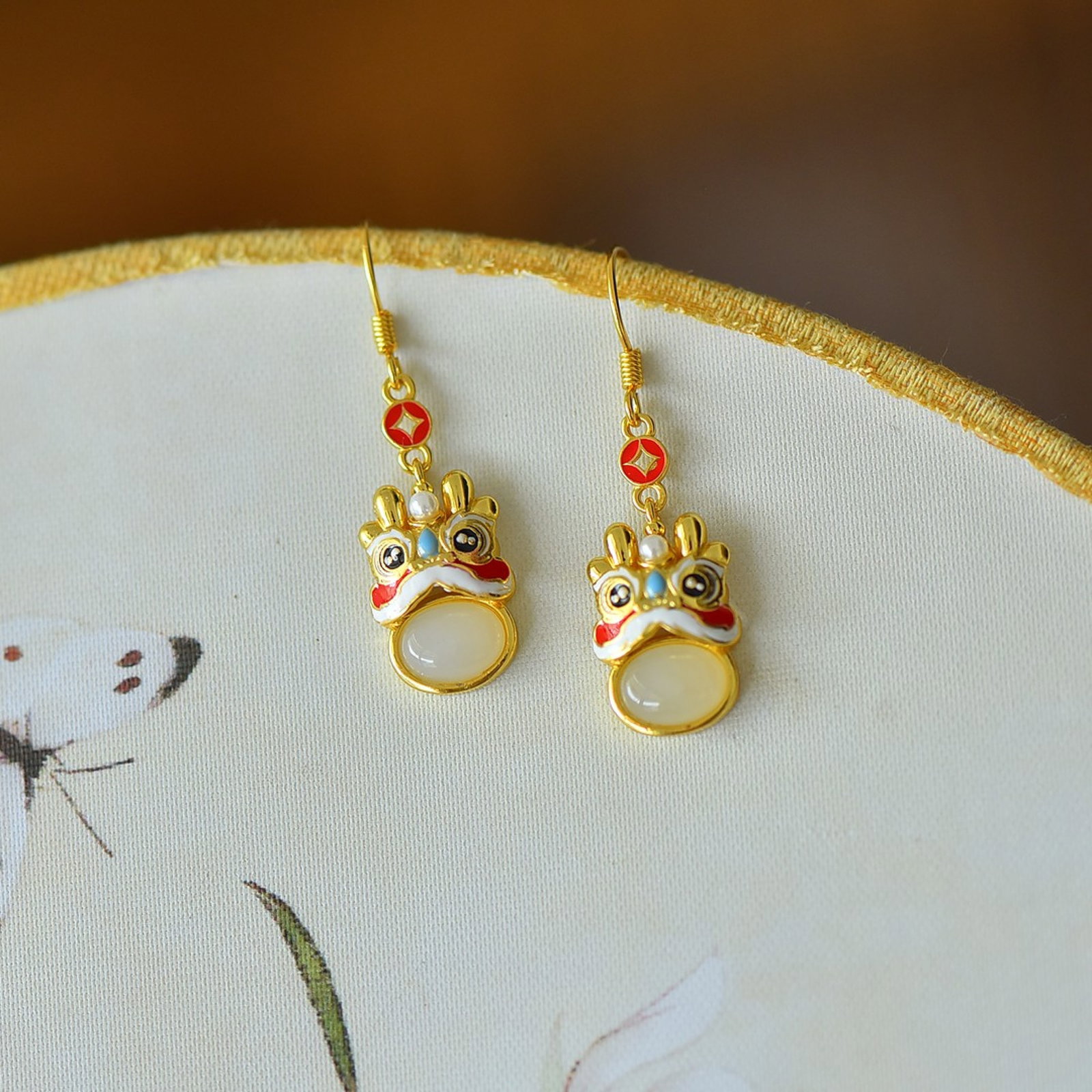 A Pair of Exquisite Sterling Silver-Gold Plated Inlaid White Jade Earrings - 3