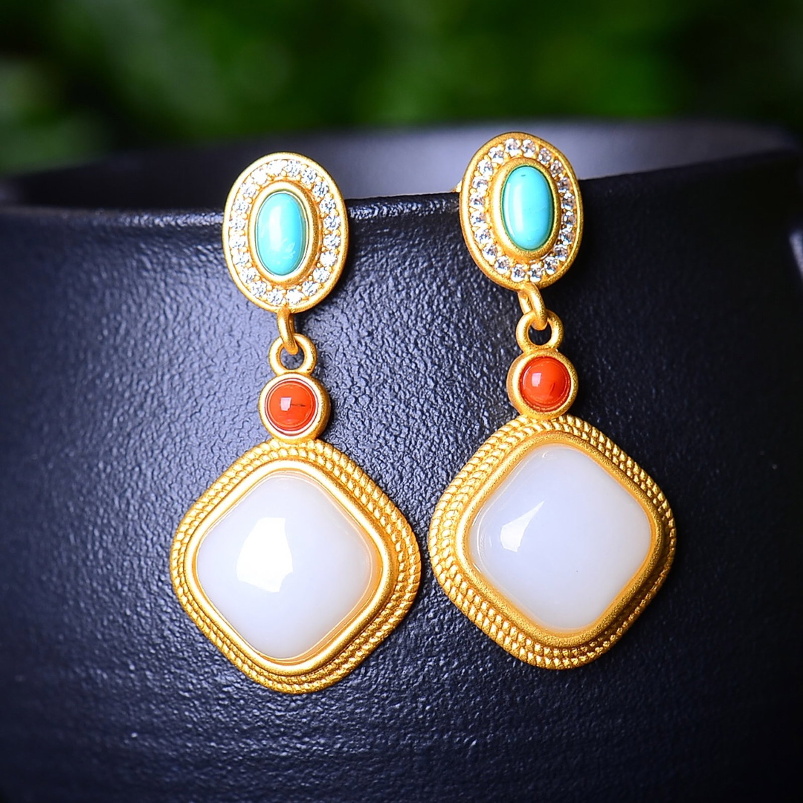 A Pair of Exquisite Sterling Silver-Gold Plated Inlaid White Jade Earrings - 2